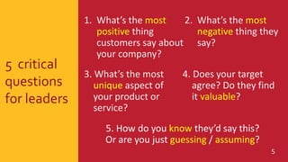 5 critical
questions
for leaders
1. What’s the most
positive thing
customers say about
your company?
2. What’s the most
ne...