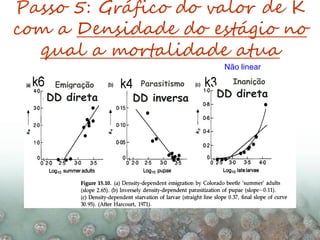 Passo 5: Gráfico do valor de K
com a Densidade do estágio no
qual a mortalidade atua
Não linear
Emigração InaniçãoParasitismo
DD direta DD diretaDD inversa
 