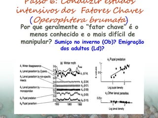 Passo 6: Conduzir estudos
intensivos dos Fatores Chaves
(Operophtera brumata)
Por que geralmente o “fator chave” é o
menos conhecido e o mais difícil de
manipular? Sumiço no inverno (Ob)? Emigração
dos adultos (Ld)?
 