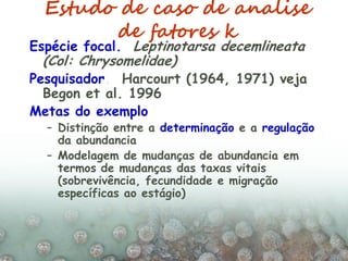 Estudo de caso de analise
de fatores k
Espécie focal. Leptinotarsa decemlineata
(Col: Chrysomelidae)
Pesquisador. Harcourt (1964, 1971) veja
Begon et al. 1996
Metas do exemplo
– Distinção entre a determinação e a regulação
da abundancia
– Modelagem de mudanças de abundancia em
termos de mudanças das taxas vitais
(sobrevivência, fecundidade e migração
específicas ao estágio)
 