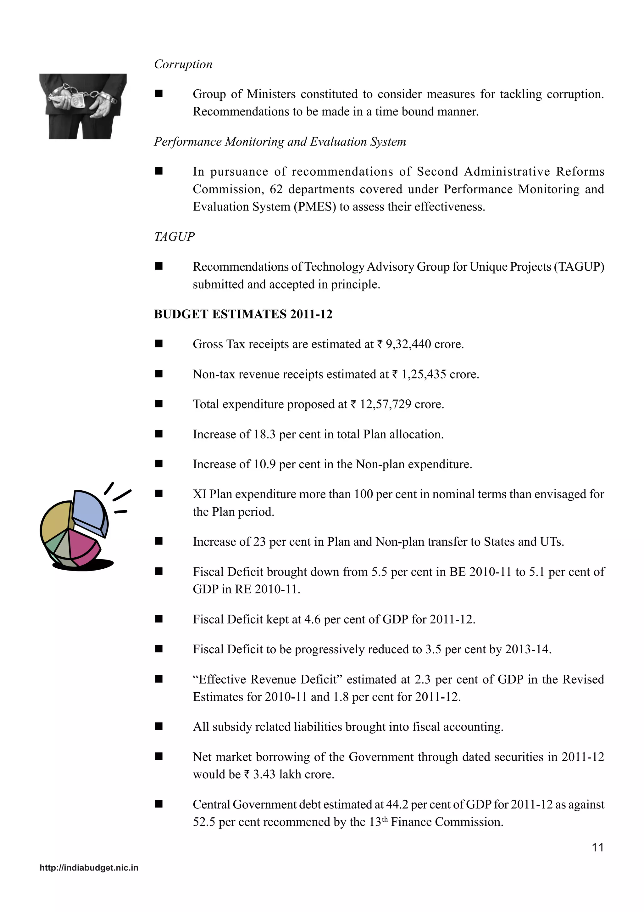 Corruption
Group of Ministers constituted to consider measures for tackling corruption.
Recommendations to be made in a time bound manner.
Performance Monitoring and Evaluation System
In pursuance of recommendations of Second Administrative Reforms
Commission, 62 departments covered under Performance Monitoring and
Evaluation System (PMES) to assess their effectiveness.
TAGUP
Recommendations of Technology Advisory Group for Unique Projects (TAGUP)
submitted and accepted in principle.
BUDGET ESTIMATES 2011-12
Gross Tax receipts are estimated at ` 9,32,440 crore.
Non-tax revenue receipts estimated at ` 1,25,435 crore.
Total expenditure proposed at ` 12,57,729 crore.
Increase of 18.3 per cent in total Plan allocation.
Increase of 10.9 per cent in the Non-plan expenditure.
XI Plan expenditure more than 100 per cent in nominal terms than envisaged for
the Plan period.
Increase of 23 per cent in Plan and Non-plan transfer to States and UTs.
Fiscal Deficit brought down from 5.5 per cent in BE 2010-11 to 5.1 per cent of
GDP in RE 2010-11.
Fiscal Deficit kept at 4.6 per cent of GDP for 2011-12.
Fiscal Deficit to be progressively reduced to 3.5 per cent by 2013-14.
“Effective Revenue Deficit” estimated at 2.3 per cent of GDP in the Revised
Estimates for 2010-11 and 1.8 per cent for 2011-12.
All subsidy related liabilities brought into fiscal accounting.
Net market borrowing of the Government through dated securities in 2011-12
would be ` 3.43 lakh crore.
Central Government debt estimated at 44.2 per cent of GDP for 2011-12 as against
52.5 per cent recommened by the 13th Finance Commission.
11
http://indiabudget.nic.in

 