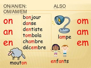ON/AN/EN:          ALSO
OM/AM/EM
       bonjour
on     danse                om
an     dentiste
       tombola      lampe
                            am
en     chambre
       décembre
                            em

  mouton          enfants
 