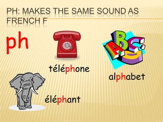 PH: MAKES THE SAME SOUND AS
FRENCH F


ph
        téléphone
                    alphabet

       éléphant
 
