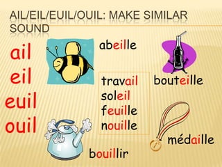 AIL/EIL/EUIL/OUIL: MAKE SIMILAR
SOUND
               abeille
 ail
eil            travail   bouteille
euil           soleil
               feuille
ouil           nouille
                           médaille
             bouillir
 