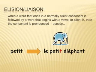 ELISION/LIAISON:
 when a word that ends in a normally silent consonant is
 followed by a word that begins with a vowel or silent h, then
 the consonant is pronounced – usually...




  petit                   le petit éléphant
 