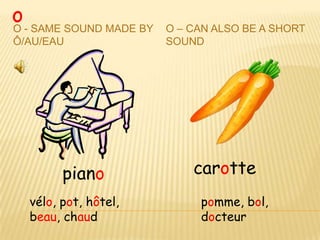 o - SAME SOUND MADE BY
O                        O – CAN ALSO BE A SHORT
Ô/AU/EAU                 SOUND




        piano                carotte
  vélo, pot, hôtel,           pomme, bol,
  beau, chaud                 docteur
 