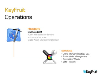 KeyFruit
Operations
        PRODUCTS
        InfoFlight DAM
        100% web based on-demand
        and enterprise scale
        Digital Asset Management System



                                          SERVICES
                                          • Online MarCom Strategy Dev.
                                          • Social Media Management
                                          • Competitor Watch
                                          • Beta - Testers
 