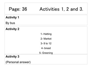 Page: 36 Activities 1, 2 and 3.
Activity 1
By bus
Activity 2
1- Hatting
2- Market
3- 8 to 12
4- bread
5- Greening
Activity 3
(Personal answer)
 