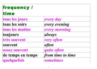 frequency /
time
tous les jours      every day
tous les soirs      every evening
tous les matins     every morning
toujours            always
très souvent        very often
souvent             often
assez souvent       quite often
de temps en temps   from time to time
quelquefois         sometimes
                      15
 