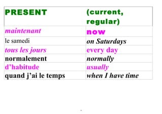 PRESENT                    (current,
                           regular)
maintenant                 now
le samedi                  on Saturdays
tous les jours             every day
normalement                normally
d’habitude                 usually
quand j’ai le temps        when I have time



                      18
 