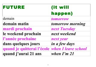 FUTURE                     (it will
                           happen)
demain                     tomorrow
demain matin               tomorrow morning
mardi prochain             next Tuesday
le weekend prochain        next weekend
l’année prochaine          next year
dans quelques jours        in a few days
quand je quitterai l’école when I leave school
quand j’aurai 21 ans       when I’m 21

                        20
 