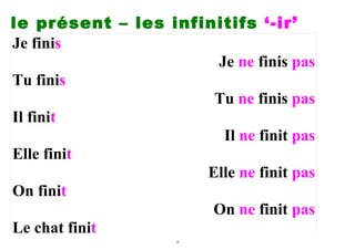 le présent – les infinitifs ‘-ir’
Je finis
                      Je ne finis pas
Tu finis
                      Tu ne finis pas
Il finit
                       Il ne finit pas
Elle finit
                     Elle ne finit pas
On finit
                      On ne finit pas
Le chat finit
                    28
 