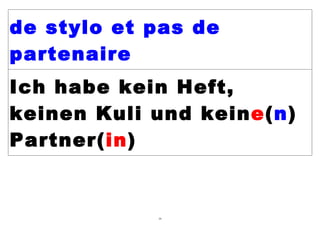 de stylo et pas de
partenaire
Ich habe kein Heft,
keinen Kuli und keine(n)
Partner(in)


            59
 