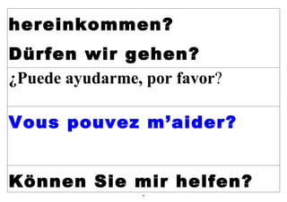 hereinkommen?
Dürfen wir gehen?
¿Puede ayudarme, por favor?

Vous pouvez m’aider?


Können Sie mir helfen?
                66
 