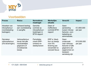 Voorbeelden
Proces              Risico              Normatieve       Werkelijke       Verschil           Impact
                                        maatregel        situatie
Inboeken van        Verkeerd bedrag     Gerichte         Geen of          Geen
inkoopfactuur       aan voorbelasting   controle op      ineffectieve     aansluiting        € 3.900.000
(voorbelasting-     in aangifte         inkoopfactuur-   controle BTW-    tussen inkoop-     per jaar
bedragen)                               boekingen in     rapport          facturen, voor-
                                        BTW-rapport                       belasting en
                                                                          administratie.
Opmaken             Verkoopfactuur      Periodieke       ERP is ‘black    Geen
verkoopfactuur      bevat niet alle     check ERP-       box’ en bewijs   onderzoek          €10.000.000
(0%-leveringen)     noodzakelijke       ontwerp en       voor 0%-         naar verkoop-      per jaar
                    gegevens of         steekproeven     levering pas     facturen of alle
                    onvoldoende                          verzameld na     gegevens zijn
                    bewijs                               verzoek fiscus   opgenomen en
                                                                          bewijzen
                                                                          aanwezig zijn




         T   +31 (0)20 - 658 6344            I www.key-group.nl                                       7
 