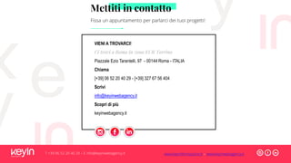 Fissa un appuntamento per parlarci dei tuoi progetti!
Mettiti in contatto
VIENI A TROVARCI!
Ci trovi a Roma in zona EUR Torrino
Piazzale Ezio Tarantelli, 97 - 00144 Roma - ITALIA
Chiama
[+39] 06 52 20 40 29 - [+39] 327 67 56 404
Scrivi
info@keyinwebagency.it
Scopri di più
keyinwebagency.it
v
T +39 06 52 20 40 29 – E info@keyinwebagency.it www.keyinformazione.it – www.keyinwebagency.it
 