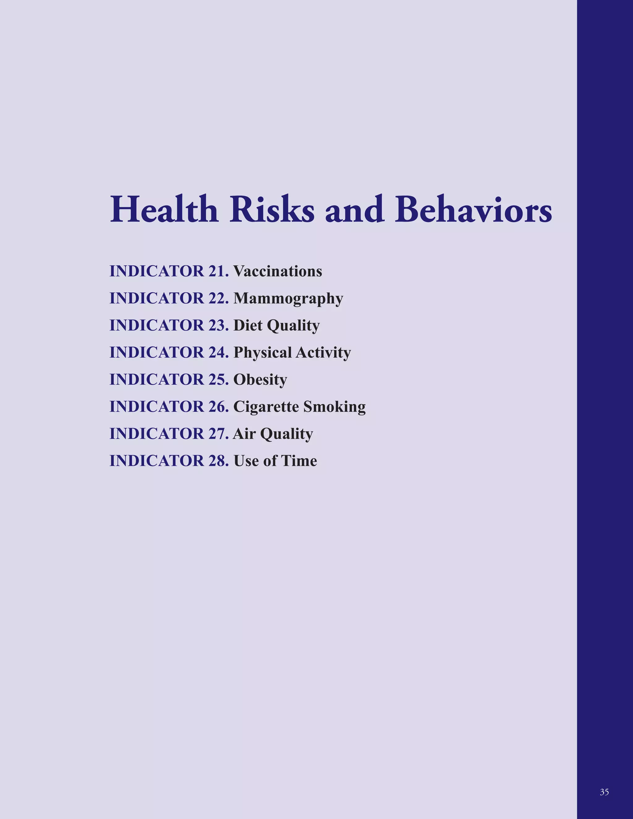Health Risks and Behaviors
35
INDICATOR 21. Vaccinations
INDICATOR 22. Mammography
INDICATOR 23. Diet Quality
INDICATOR 24. Physical Activity
INDICATOR 25. Obesity
INDICATOR 26. Cigarette Smoking
INDICATOR 27. Air Quality
INDICATOR 28. Use of Time
 
