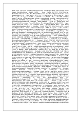 HDFC Bank,Red Square Market,Hisar,Haryana,125001 • Hoshiarpur: Near Archies Gallery,Shimla
Pahari Chowk,Hoshiarpur ,Punjab 146001 • Hosur: CAMS SERVICE CENTER,Survey
No.25/204,Attibele Road,HCF Post,Mathigiri,Above Time Kids School,Oppsite To Kuttys Frozen
Foods,Hosur-635110 • Hubli: CAMS SERVICE CENTER,No.204 - 205,1st Floor' B ' Block,
Kundagol Complex,Opp. Court, Club Road,Hubli,Karnataka,580029 • Hyderabad: CAMS SERVICE
CENTER,No.208, II Floor,Jade Arcade Paradise Circle,Hyderabad,Telangana,500003 • Indore: CAM
SERVICE CENTER,No.101, Shalimar Corporate CENTER,8-B, South Tukogunj,Opp.Greenpark,
Indore,MadhyaPradesh,452001 • Jabalpur: CAMS SERVICE CENTER,No.8, Ground Floor, Datt
Towers,Behind Commercial Automobiles,Napier Town,Jabalpur,MadhyaPradesh,482001 • Jaipur:
CAMS SERVICE CENTER,R-7, Yudhisthir Marg, C-Scheme,Behind Ashok Nagar Police
Station,Jaipur,Rajasthan,302001 • Jalandhar: CAMS SERVICE CENTER,No.367/8, Central
TownOpp.Gurudwara, Diwan Asthan,Jalandhar,Punjab-144001 • Jalgaon: CAMS SERVICE
CENTER,Rustomji Infotech Services70, NavipethOpp. Old Bus Stand,Jalgaon,Maharashtra,425001 •
Jalna: Shop No 6, Ground Floor,Anand Plaza Complex,Bharat Nagar,Shivaji Putla
Road,Jalna,Maharashtra,431203 • Jalpaiguri: Babu Para, Beside Meenaar Apartment ,Ward No VIII,
Kotwali Police Station,Jalpaiguri-735101 West Bengal • Jammu: JRDS Heights,Lane Opp. S&S
Computers Near RBI Building, Sector 14, Nanak Nagar Jammu,Jammu &Kashmir,180004 • Jamnagar:
CAMS SERVICE CENTER,No.207,Manek CENTER,P N Marg,Jamnagar,Gujarat,361001 •
Jamshedpur: CAMS SERVICE CENTER,Millennium Tower, "R" RoadRoom No:15, First Floor,
Bistupur,Jamshedpur,Jharkhand,831001 • Janakpuri: CAMS SERVICE CENTER,No.306,3Rd
Floor,DDA-2 Building,District Center,Janakpuri,New Delhi-110058 • Jaunpur: 248, Fort Road Near
Amber Hotel, Jaunpur Uttarpradesh-222001 • Jhansi: No.372/18D,1st Floor Above IDBI Bank,Beside
V-Mart,Near RAKSHAN,Gwalior Road,Jhansi-284001 • Jodhpur: CAMS SERVICE
CENTER,No.1/5, Nirmal Tower,1st Chopasani Road,Jodhpur,Rajasthan,342003 • Junagadh: "Aastha
Plus", 202-A, 2nd FloorSardarbag Road, Nr. AlkapuriOpp. Zansi Rani Statue Junagadh Gujarat-
362001 • Kadapa: Bandi Subbaramaiah Complex,D.No:3/1718, Shop No: 8, Raja Reddy
Street,Kadapa,AndhraPradesh,516001 • Kakinada: CAMS SERVICE CENTER,D No.25-4-29,1St
floor,Kommireddy vari street,Beside Warf Road,Opp swathi medicals,Kakinada-533001 • Kalyani:
CAMS SERVICE CENTRE,A-1/50,Block A,Kalyani,Dist Nadia,Westbengal-741235 • Kannur: Room
No.PP.14/435Casa Marina Shopping CENTERTalap,Kannur,Kerala,670004 • Kanpur: CAMS
SERVICE CENTER, I Floor, 106 to 108,City Center,Phase II,63/ 2, The Mall Kanpur Uttarpradesh-
208001 • Karimnagar: HNo.7-1-257, Upstairs S B H mangammathota,Karimnagar,Telangana,505001 •
Karnal (Parent :Panipat TP): No.29,Avtar Colony,Behind vishal mega mart,Karnal-132001 • Karur:
126 G, V.P.Towers, Kovai Road,Basement of Axis Bank,Karur,Tamilnadu,639002 • Katni: 1st
Floor,Gurunanak dharmakanta,Jabalpur Road,Bargawan,Katni,MadhyaPradesh 483501 • Khammam:
Shop No: 11 - 2 - 31/3, 1st floor,Philips Complex,Balajinagar, Wyra Road,Near Baburao Petrol
Bunk,Khammam,Telangana 507001 • Kharagpur: CAMS SERVICE CENTER,"Silver Palace" OT
Road,Inda-Kharagpur,G-P-Barakola,P.S.Kharagpur Local,Dist West Midnapore-721305 • Kolhapur:
CAMS SERVICE CENTER,No.2 B, 3rd Floor,Ayodhya Towers,Station
Road,Kolhapur,Maharashtra,416001 • Kolkata: CAMS SERVICE CENTER, Kolkata: Kankaria
Centre, 2/1, Russell Street, 2nd Floor, Kolkata - 700071 • Kolkata-CC (Kolkata Central): 2A,Ganesh
Chandra AvenueRoom ,No.3A, Commerce House"(4th Floor),Kolkata,Westbangal 700013 • Kollam:
Uthram Chambers (Ground Floor) Thamarakulam Kollam - 691006. • Korba: Shop No 6, Shriram
Commercial ComplexInfront of Hotel Blue DiamondGround Floor, T.P.
Nagar,Korba,Westbangal,495677 • Kota: CAMS SERVICE CENTER,No.B-33 'Kalyan
Bhawan,Triangle Part,Vallabh Nagar,Kota,Rajasthan,324007 • Kottayam: CAMS SERVICE
CENTER,THAMARAPALLIL Building,Door No-XIII/658,M L Road,Near KSRTC Bus Stand
Road,Kottayam-686001 • Kukatpally: CAMS SERVICE CENTER,No.15-31-2M-1/4,1st floor,14-
A,MIG,KPHB colony,Kutkapally,Hyderabad-500072 • Kumbakonam: Jailani Complex47, Mutt
Street,Kumbakonam,Tamilnadu,612001 • Kurnool: CAMS SERVICE CENTER,Shop No.26 and
27,Door No.39/265A and 39/265B,Second Floor,Skanda Shopping Mall,Old Chad
Talkies,Vaddageri,39th Ward,Kurnool-518001 • Lucknow: CAMS SERVICE CENTER,No. 4,1st
Floor,Center, Court Building,3/c, 5 - Park Road, Hazratganj Lucknow, Uttarpradesh-226001 •
Ludhiana: CAMS SERVICE CENTER,U/ GF, Prince Market, Green Field,Near Traffic
Lights,Sarabha Nagar Pulli,Pakhowal Road,Ludhiana,Punjab,141002 • Madurai: CAMS SERVICE
CENTER,Ist Floor,278, North Perumal Maistry street(Nadar Lane),Madurai,Tamilnadu,625001 •
Malda: Daxhinapan Abasan,Opp Lane of Hotel Kalinga,SM Pally,Malda,Westbangal 732101 •
Mangalore: CAMS SERVICE CENTER,No.G 4 & G 5,Inland MonarchOpp. Karnataka Bank Kadri
Main Road, Kadri,Mangalore,Karnataka,575003 • Manipal: CAMS SERVICE CENTER,Shop No-
A2,Basement floor, Academy Tower,Opposite Corporation Bank,Manipal,Karnataka 576104 • Mapusa
 