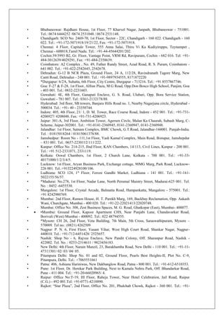 • Bhubaneswar: Rajdhani House, 1st Floor, 77 Kharvel Nagar, Janpath, Bhubaneswar - 751001.
Tel.: 0674 6444252 /0674 2531048 / 0674 2531148.
• Chandigarh: SCO No. 2469-70, 1st Floor, Sector - 22C, Chandigarh - 160 022. Chandigarh - 160
022. Tel.: +91-172-5071918/19/21/22, Fax: +91-172-5071918.
• Chennai: 4 Floor, Capitale Tower, 555 Anna Salai, Thiru Vi Ka Kudiyiruppu, Teynampet ,
Chennai - 600018,Tamil Nadu. Tel.: +91-44-45644201/202.
• Cochin:39/3993 B2, Gr. Floor, Vantage Point, VRM Rd, Ravipuram, Cochin - 682 016. Tel: +91-
484-3012639/4029291, Fax: +91-484-2358639.
• Coimbatore: A2 Complex , No. 49, Father Randy Street, Azad Road, R. S. Puram, Coimbatore -
641 002. Tel.: +91-422-2542645, 2542678.
• Dehradun: G-12 B NCR Plaza, Ground Floor, 24 A, 112/28, Ravindranath Tagore Marg, New
Cantt Road, Dehradun - 248 001. Tel.: +91-9897934555, 8171872220
• *Durgapur: 6/2A, Suhatta, 6th Floor, City Centre, Durgapur - 713216. Tel.: +91 8537867746.
• Goa: F-27 & F-28, 1st Floor, Alfran Plaza, M.G Road, Opp.Don Bosco High School, Panjim, Goa
- 403 001. Tel.: 0832-2231603.
• Guwahati: 4E, 4th Floor, Ganapati Enclave, G. S. Road, Ulubari, Opp. Bora Service Station,
Guwahati - 781 007. Tel.: 0361-2132178/88.
• Hyderabad: 3rd floor, SB towers, Banjara Hills Road no. 1, Nearby Nagarjuna circle, Hyderabad -
500034. Tel.: +91- 40 - 23350744.
• Indore: 405, 4th Floor, 21/ 1, D. M. Tower, Race Course Road, Indore - 452 001. Tel.: +91-731-
4206927/ 4208048. Fax: +91-731-4206923.
• Jaipur: 301-A, 3rd Floor, Ambition Tower, Agersen Circle, Malan Ka Chaurah, Subash Marg, C-
Scheme, Jaipur-302001. Tel.: +91-0141-2360945, 0141-2360947, 0141-2360948.
• Jalandhar: 1st Floor, Satnam Complex, BMC Chowk, G.T.Road, Jalandhar-144001. Punjab-India.
Tel. : 01815018264 / 01815061378/88.
• Jamshedpur: Room No - 111,1st Floor, Yash Kamal Complex, Main Road, Bistupur, Jamshepdur
– 831 001. Tel.: 0657-2230112/111/222.
• Kanpur: Office No. 214-215, IInd Floor, KAN Chambers, 14/113, Civil Lines, Kanpur - 208 001.
Tel.: +91 512-2331071, 2331119.
• Kolkata: Oswal Chambers, 1st Floor, 2 Church Lane, Kolkata - 700 001. Tel.: +91-33-
40171000/1/2/3/4/5.
• Lucknow: 1st Floor, Aryan Business Park, Exchange cottage, 90MG Marg, Park Road, Lucknow-
226 001. Tel.:+915224928100/106.
• Ludhiana: SCO 124, 1st
Floor, Feroze Gandhi Market, Ludhiana - 141 001. Tel.: +91-161-
5022155/56/57.
• *Madurai: No.278, 1st Floor, Nadar Lane, North Perumal Maistry Street, Madurai-625 001. Tel.
No. : 0452 -6455530.
• Mangalore: 1st Floor, Crystal Arcade, Balmatta Road, Hampankatta, Mangalore - 575001. Tel.:
+91 8242980769.
• Mumbai: 2nd Floor, Ramon House, H. T. Parekh Marg, 169, Backbay Reclamation, Opp. Aakash
Wani, Churchgate, Mumbai - 400 020. Tel.: +91-22-22021413/22020748.
• Mumbai: Office No. 308, Zest Business Spaces, M. G. Road, Ghatkopar (East), Mumbai- 400077.
 •Mumbai: Ground Floor, Kapoor Apartment CHS, Near Punjabi Lane, Chandavarkar Road,
Borivali (West) Mumbai - 400092. Tel.: 022 48794555.
• *Mysore: CH 26, 2nd Floor, Veta Building, 7th Main, 5th Cross, Saraswathipuram, Mysore –
570009. Tel no.: (0821) 4262509
• Nagpur: P. N. 6, First Floor, Vasant Vihar, West High Court Road, Shankar Nagar, Nagpur-
440010. Tel.: +91-712-6451428/ 2525657.
• Nashik: Shop No - 6, Rajvee Enclave, New Pandit Colony, Off. Sharanpur Road, Nashik -
422002. Tel. No. : 0253-2314611 / 9823456183.
• New Delhi: 4th Floor, Narain Manzil, 23, Barakhamba Road, New Delhi - 110 001. Tel.: +91-11-
47311301/ 02/ 03/ 04/ 05.
• Pitampura Delhi: Shop No. 01 and 02, Ground Floor, Pearls Best Heights-II, Plot No. C-9,
Pitampura, Delhi. Tel.: +7065551661
• Patna: 406, Ashiana Hariniwas, New Dakbanglow Road, Patna - 800 001. Tel.: +91-612-6510353.
• Pune: 1st Floor, Dr. Herekar Park Building, Next to Kamala Nehru Park, Off. Bhandarkar Road,
Pune - 411 004. Tel.: +91-20-66020965/ 4.
• Raipur: Office No:T-19, III Floor, Raheja Tower, Near Hotel Celebration, Jail Road, Raipur
(C.G.) - 492 001.Tel: +91-0771-4218890.
• Rajkot: “Star Plaza”, 2nd Floor, Office No. 201, Phulchab Chowk, Rajkot - 360 001. Tel.: +91-
 