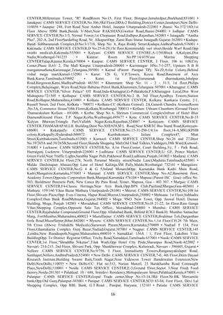 16
CENTER,Millennium Tower, "R" RoadRoom No:15, First Floor, Bistupur,Jamshedpur,Jharkhand,831001 •
Janakpuri: CAMS SERVICE CENTER,No.306,3Rd Floor,DDA-2 Building,District Center,Janakpuri,New Delhi-
110058 • Jaunpur: 248, Fort Road Near Amber Hotel, Jaunpur Uttarpradesh-222001 • Jhansi: No.372/18D,1st
Floor Above IDBI Bank,Beside V-Mart,Near RAKSHAN,Gwalior Road,Jhansi-284001 • Jodhpur: CAMS
SERVICE CENTER,No.1/5, Nirmal Tower,1st Chopasani Road,Jodhpur,Rajasthan,342003 • Junagadh: "Aastha
Plus", 202-A, 2nd FloorSardarbag Road, Nr. AlkapuriOpp. Zansi Rani Statue Junagadh Gujarat-362001 • Kadapa:
Bandi Subbaramaiah Complex,D.No:3/1718, Shop No: 8, Raja Reddy Street,Kadapa,AndhraPradesh,516001 •
Kakinada: CAMS SERVICE CENTER,D No.25-4-29,1St floor,Kommireddy vari street,Beside Warf Road,Opp
swathi medicals,Kakinada-533001 • Kalyani: CAMS SERVICE CENTRE,A-1/50,Block A,Kalyani,Dist
Nadia,Westbengal-741235 • Kannur: Room No.PP.14/435Casa Marina Shopping
CENTERTalap,Kannur,Kerala,670004 • Kanpur: CAMS SERVICE CENTER, I Floor, 106 to 108,City
Center,Phase II,63/ 2, The Mall Kanpur Uttarpradesh-208001 • Karimnagar: HNo.7-1-257, Upstairs S B H
mangammathota,Karimnagar,Telangana,505001 • Karnal (Parent :Panipat TP): No.29,Avtar Colony,Behind
vishal mega mart,Karnal-132001 • Karur: 126 G, V.P.Towers, Kovai Road,Basement of Axis
Bank,Karur,Tamilnadu,639002 • Katni: 1st Floor,Gurunanak dharmakanta,Jabalpur
Road,Bargawan,Katni,MadhyaPradesh 483501 • Khammam: Shop No: 11 - 2 - 31/3, 1st floor,Philips
Complex,Balajinagar, Wyra Road,Near Baburao Petrol Bunk,Khammam,Telangana 507001 • Kharagpur: CAMS
SERVICE CENTER,"Silver Palace" OT Road,Inda-Kharagpur,G-P-Barakola,P.S.Kharagpur Local,Dist West
Midnapore-721305 • Kolhapur: CAMS SERVICE CENTER,No.2 B, 3rd Floor,Ayodhya Towers,Station
Road,Kolhapur,Maharashtra,416001 • Kolkata: CAMS SERVICE CENTER, Kolkata: Kankaria Centre, 2/1,
Russell Street, 2nd Floor, Kolkata - 700071 • Kolkata-CC (Kolkata Central): 2A,Ganesh Chandra AvenueRoom
,No.3A, Commerce House"(4th Floor),Kolkata,Westbangal 700013 • Kollam: Uthram Chambers (Ground Floor)
Thamarakulam Kollam - 691006. • Korba: Shop No 6, Shriram Commercial ComplexInfront of Hotel Blue
DiamondGround Floor, T.P. Nagar,Korba,Westbangal,495677 • Kota: CAMS SERVICE CENTER,No.B-33
'Kalyan Bhawan,Triangle Part,Vallabh Nagar,Kota,Rajasthan,324007 • Kottayam: CAMS SERVICE
CENTER,THAMARAPALLIL Building,Door No-XIII/658,M L Road,Near KSRTC Bus Stand Road,Kottayam-
686001 • Kukatpally: CAMS SERVICE CENTER,No.15-31-2M-1/4,1st floor,14-A,MIG,KPHB
colony,Kutkapally,Hyderabad-500072 • Kumbakonam: Jailani Complex47, Mutt
Street,Kumbakonam,Tamilnadu,612001 • Kurnool: CAMS SERVICE CENTER,Shop No.26 and 27,Door
No.39/265A and 39/265B,Second Floor,Skanda Shopping Mall,Old Chad Talkies,Vaddageri,39th Ward,Kurnool-
518001 • Lucknow: CAMS SERVICE CENTER,No. 4,1st Floor,Center, Court Building,3/c, 5 - Park Road,
Hazratganj Lucknow, Uttarpradesh-226001 • Ludhiana: CAMS SERVICE CENTER,U/ GF, Prince Market,
Green Field,Near Traffic Lights,Sarabha Nagar Pulli,Pakhowal Road,Ludhiana,Punjab,141002 • Madurai: CAMS
SERVICE CENTER,Ist Floor,278, North Perumal Maistry street(Nadar Lane),Madurai,Tamilnadu,625001 •
Malda: Daxhinapan Abasan,Opp Lane of Hotel Kalinga,SM Pally,Malda,Westbangal 732101 • Mangalore:
CAMS SERVICE CENTER,No.G 4 & G 5,Inland MonarchOpp. Karnataka Bank Kadri Main Road,
Kadri,Mangalore,Karnataka,575003 • Manipal: CAMS SERVICE CENTER,Shop No-A2,Basement floor,
Academy Tower,Opposite Corporation Bank,Manipal,Karnataka 576104 • Mapusa (Parent ISC : Goa): office No.
503, Buildmore Business Park, New Canca By Pass Road, Ximer, Mapusa, Goa - 403 507. • Margao: CAMS
SERVICE CENTER,F4-Classic Heritage,Near Axis Bank,Opp.BPS Club,Pajifond,Margao,Goa-403601 •
Mathura: 159/160 Vikas Bazar Mathura Uttarpradesh-281001 • Meerut: CAMS SERVICE CENTER,No.108 Ist
Floor,Shivam Plaza,Opp: Eves Cinema, Hapur Road,Meerut,Uttarpradesh,250002 • Mehsana: 1st Floor,Subhadra
ComplexUrban Bank RoadMehsana,Gujarat,384002 • Moga: 9NO. New Town, Opp. Jaswal Hotel, Daman
Building, Moga, Punjab 142001 • Moradabad: CAMS SERVICE CENTER,No.H 21-22, Ist Floor,Ram Ganga
Vihar,Shopping Complex,Opposite Sale Tax Office, Moradabad-244001 • Mumbai: CAMS SERVICE
CENTER,Rajabahdur Compound,Ground Floor,Opp Allahabad Bank, Behind ICICI Bank30, Mumbai Samachar
Marg, FortMumbai,Maharashtra,400023 • Muzaffarpur: CAMS SERVICE CENTER,Brahman Toli,Durgasthan
Gola Road,Muzaffarpur,Bihar,842001 • Mysore: CAMS SERVICE CENTER,No.1,1st Floor,CH.26 7th Main,
5th Cross (Above Trishakthi Medicals),Saraswati Puram,Mysore,Karnataka,570009 • Nadiad: F 134, First
Floor,Ghantakarna Complex Gunj Bazar,Nadiad,Gujarat,387001 • Nagpur: CAMS SERVICE CENTER,145
,Lendra,New Ramdaspeth,Nagpur,Maharashtra,440010 • Namakkal: 156A / 1, First Floor, Lakshmi Vilas
BuildingOpp. To District Registrar Office, Trichy Road,Namakkal,Tamilnadu 637001 • Nasik: CAMS SERVICE
CENTER,1st Floor,"Shraddha Niketan",Tilak Wadi,Opp Hotel City Pride,Sharanpur Road,Nasik-422002 •
Navsari: 214-215, 2nd Floor, Shivani Park, Opp. Shankheswar Complex, Kaliawadi, Navsari - 396445, Gujarat •
Nellore: CAMS SERVICE CENTER,No.9/756, I Floor, Immadisetty Towers,Ranganayakulapet Road,
Santhapet,Nellore,AndhraPradesh,524001 • New Delhi: CAMS SERVICE CENTER,7-E, 4th Floor,Deen Dayaal
Research Institute,Building Swami Ram,Tirath Nagar,Near Videocon Tower Jhandewalan Extension,New
Delhi,NewDelhi,110055 • New Delhi-CC: Flat no.512, Narian Manzil, 23 Barakhamba Road Connaught
Place,NewDelhi,110001 • Noida: CAMS SERVICE CENTER,E-3,Ground Floor,Sector 3,Near Fresh Food
factory,Noida-201301 • Palakkad: 10 / 688, Sreedevi Residency,Mettupalayam Street,Palakkad,Kerala,678001 •
Palanpur: CAMS SERVICE CENTER,Gopal Trade center,Shop No.13-14,3Rd Floor,Nr.BK Mercantile
bank,Opp.Old Gunj,Palanpur-385001 • Panipat: CAMS SERVICE CENTER,SCO 83-84, First Floor, Devi Lal
Shopping Complex, Opp RBL Bank, G.T.Road , Panipat, Haryana, 132103 • Patiala: CAMS SERVICE
 