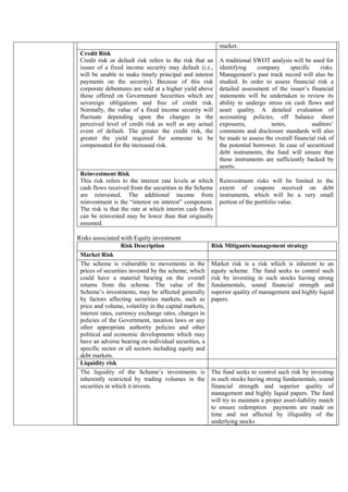 market.
Credit Risk
Credit risk or default risk refers to the risk that an
issuer of a fixed income security may default (i.e.,
will be unable to make timely principal and interest
payments on the security). Because of this risk
corporate debentures are sold at a higher yield above
those offered on Government Securities which are
sovereign obligations and free of credit risk.
Normally, the value of a fixed income security will
fluctuate depending upon the changes in the
perceived level of credit risk as well as any actual
event of default. The greater the credit risk, the
greater the yield required for someone to be
compensated for the increased risk.
A traditional SWOT analysis will be used for
identifying company specific risks.
Management’s past track record will also be
studied. In order to assess financial risk a
detailed assessment of the issuer’s financial
statements will be undertaken to review its
ability to undergo stress on cash flows and
asset quality. A detailed evaluation of
accounting policies, off balance sheet
exposures, notes, auditors’
comments and disclosure standards will also
be made to assess the overall financial risk of
the potential borrower. In case of securitized
debt instruments, the fund will ensure that
these instruments are sufficiently backed by
assets.
Reinvestment Risk
This risk refers to the interest rate levels at which
cash flows received from the securities in the Scheme
are reinvested. The additional income from
reinvestment is the “interest on interest” component.
The risk is that the rate at which interim cash flows
can be reinvested may be lower than that originally
assumed.
Reinvestment risks will be limited to the
extent of coupons received on debt
instruments, which will be a very small
portion of the portfolio value.
Risks associated with Equity investment
Risk Description Risk Mitigants/management strategy
Market Risk
The scheme is vulnerable to movements in the
prices of securities invested by the scheme, which
could have a material bearing on the overall
returns from the scheme. The value of the
Scheme’s investments, may be affected generally
by factors affecting securities markets, such as
price and volume, volatility in the capital markets,
interest rates, currency exchange rates, changes in
policies of the Government, taxation laws or any
other appropriate authority policies and other
political and economic developments which may
have an adverse bearing on individual securities, a
specific sector or all sectors including equity and
debt markets.
Market risk is a risk which is inherent to an
equity scheme. The fund seeks to control such
risk by investing in such stocks having strong
fundamentals, sound financial strength and
superior quality of management and highly liquid
papers.
Liquidity risk
The liquidity of the Scheme’s investments is
inherently restricted by trading volumes in the
securities in which it invests.
The fund seeks to control such risk by investing
in such stocks having strong fundamentals, sound
financial strength and superior quality of
management and highly liquid papers. The fund
will try to maintain a proper asset-liability match
to ensure redemption payments are made on
time and not affected by illiquidity of the
underlying stocks
 