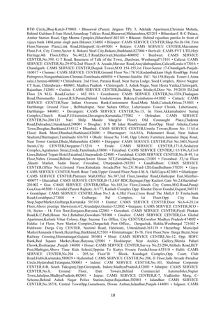 18
RTO Circle,Bhuj-Kutch-370001 • Bhusawal (Parent: Jalgaon TP): 3, Adelade Apartment,Christain Mohala,
Behind Gulshan-E-Iran Hotel,Amardeep Talkies Road,Bhusawal,Maharashtra,425201 • Biharsharif: R-C Palace,
Amber Station Road, Opp Mamta Cpmplex,Biharsharif-803101 • Bikaner: Behind rajasthan patrika In front of
vijaya bank 1404,amar singh pura Bikaner.334001 • Bilaspur: CAMS SERVICE CENTER,Shop No.B-104, First
Floor,Narayan Plaza,Link Road,Bilaspur(C.G)-495001 • Bokaro: CAMS SERVICE CENTER,Mazzanine
Floor,F-4, City Centre,Sector 4, Bokaro Steel City,Bokaro,Jharkhand,827004 • Borivali: CAMS PVT LTD,Hirji
Heritage,4th Floor,Office No.402,L.T.Road,Borivali,Mumbai-400092 • Burdwan: CAMS SERVICE
CENTER,No.399, G T Road, Basement of Talk of the Town, ,Burdwan, Westbangal713101 • Calicut: CAMS
SERVICE CENTER,No.29/97G,2nd Floor,S A Arcade,Mavoor Road,Arayidathupalam,CalicutKerala-673016 •
Chandigarh: CAMS SERVICE CENTER,Deepak Tower,SCO 154-155,1st Floor-Sector 17-Chandigarh-Punjab-
160017 • Chennai: CAMS SERVICE CENTER,Ground Floor No.178/10,Kodambakkam High RoadOpp. Hotel
Palmgrove,Nungambakkam-Chennai-Tamilnadu-600034 • Chennai-Satelite ISC: No.158,Rayala Tower-1,Anna
salai,Chennai-600002 • Chhindwara: 2nd Floor, Parasia Road, Near Surya Lodge, Sood Complex, Above Nagpur
CT Scan, Chhindwara - 480001. Madhya Pradesh • Chittorgarh: 3, Ashok Nagar, Near Heera Vatika,Chittorgarh,
Rajasthan 312001 • Cochin: CAMS SERVICE CENTER,Building Name Modayil,Door No. 39/2638 DJ,2nd
Floor 2A M.G. Road,Cochin - 682 016 • Coimbatore: CAMS SERVICE CENTER,No.1334,Thadagam
Road,Thirumurthy Layout,R.S.Puram,Behind Venketeswara Bakery,Coimbatore-641002 • Cuttack: CAMS
SERVICE CENTER,Near Indian Overseas Bank,Cantonment Road,Mata Math,Cuttack,Orissa,753001 •
Darbhanga: Ground Floor , Belbhadrapur, Near Sahara Office, Laheriasarai Tower Chowk, Laheriasarai,
Darbhanga- 846001. • Davangere: CAMS SERVICE CENTER,No.13, Ist Floor,Akkamahadevi Samaj
Complex,Church Road,P.J.Extension,Davangere,Karnataka,577002 • Dehradun: CAMS SERVICE
CENTER,No.204/121 Nari Shilp Mandir Marg(Ist Floor) Old Connaught Place,Chakrata
Road,Dehradun,Uttarakhand,248001 • Deoghar: S S M Jalan RoadGround floorOpp. Hotel Ashoke,Caster
Town,Deoghar,Jharkhand,814112 • Dhanbad: CAMS SERVICE CENTER,Urmila Towers,Room No: 111(1st
Floor) Bank More,Dhanbad,Jharkhand,826001 • Dharmapuri: 16A/63A, Pidamaneri Road, Near Indoor
Stadium,Dharmapuri,Tamilnadu 636701 • Dhule: House No 3140, Opp Liberty Furniture,Jamnalal Bajaj Road,
Near Tower Garden,Dhule,Maharashtra 424001 • Durgapur: CAMS SERVICE CENTER,Plot No.3601,Nazrul
Sarani,City CENTER,Durgapur-713216 • Erode: CAMS SERVICE CENTER,171-E,Seshaiyer
Complex,Agraharam Street,Erode,Tamilnadu,638001 • Faizabad: CAMS SERVICE CENTER,1/13/196,A,Civil
Lines,Behind Tripati Hotel,Faizabad,Uttarpradesh-224001 • Faridabad: CAMS SERVICE CENTER,No.B-49, 1st
Floor,Nehru Ground,Behind Anupam,Sweet House NIT,Faridabad,Haryana,121001 • Firozabad: 53,1st Floor
,Shastri Market, Sadar Bazar, Firozabad, Uttarpradesh-283203 • Gandhidham: CAMS SERVICE
CENTER,Office No.4,Ground Floor,Ratnakala Arcade,Plot No.231,Ward-12B,Gandhidham-370201 • Gaya:
CAMS SERVICE CENTER,North Bisar Tank,Upper Ground Floor,Near-I.M.A. Hall,Gaya-823001 • Ghatkopar:
CAMS SERVICE CENTER,Platinum Mall,Office No.307,3rd Floor,Jawahar Road,Ghatkopar East,Mumbai-
400077 • Ghaziabad: CAMS SERVICE CENTER,B-11,LGF RDC,Rajnagar,Opp Kacheri Gate No.2,Ghaziabad-
201002 • Goa: CAMS SERVICE CENTER,Office No.103,1st Floor,Unitech City Centre,M.G.Road,Panaji
Goa,Goa-403001 • Gondal (Parent Rajkot): A/177, Kailash Complex Opp. Khedut Decor Gondal,Gujarat,360311
• Gorakhpur: CAMS SERVICE CENTRE,Shop No.5 & 6,3Rd Floor,Cross Road The Mall,A D Tiraha,bank
Road,Gorakhpur-273001 • Gulbarga: Pal Complex, Ist Floor,Opp. City Bus
Stop,SuperMarket,Gulbarga,Karnataka 585101 • Guntur: CAMS SERVICE CENTER,Door No.6-4-28,1st
Floor,Above prestige Showroom,4/2,Arundalpet,Guntur-522002 • Gurgaon: CAMS SERVICE CENTER,SCO -
16, Sector - 14, First floor,Gurgaon,Haryana,122001 • Guwahati: CAMS SERVICE CENTER,Piyali Phukan
Road,K.C.Path,House No.1,Rehabari,Guwahati-781008 • Gwalior: CAMS SERVICE CENTER,G-6 Global
Apartment,Kailash Vihar Colony, Opp. Income Tax Office, City CENTER,Gwalior Madhya Pradesh-474002 •
Haldia: 1st Floor, New Market Complex,Durgachak Post Office,, Durgachak, Haldia,Westbangal 721602 •
Haldwani: Durga City CENTER, Nainital Road, Haldwani, Uttarakhand-263139 • Hazaribag: Municipal
MarketAnnanda Chowk,Hazaribag,Jharkhand,825301 • Himmatnagar: D-78, First Floor,New Durga Bazar,Near
Railway Crossing,Himmatnagar,Gujarat 383001 • Hisar: CAMS SERVICE CENTRE,No-12, Opp. HDFC
Bank,Red Square Market,Hisar,Haryana,125001 • Hoshiarpur: Near Archies Gallery,Shimla Pahari
Chowk,Hoshiarpur ,Punjab 146001 • Hosur: CAMS SERVICE CENTER,Survey No.25/204,Attibele Road,HCF
Post,Mathigiri,Above Time Kids School,Oppsite To Kuttys Frozen Foods,Hosur-635110 • Hubli: CAMS
SERVICE CENTER,No.204 - 205,1st Floor' B ' Block, Kundagol Complex,Opp. Court, Club
Road,Hubli,Karnataka,580029 • Hyderabad: CAMS SERVICE CENTER,No.208, II Floor,Jade Arcade Paradise
Circle,Hyderabad,Telangana,500003 • Indore: CAM SERVICE CENTER,No.101, Shalimar Corporate
CENTER,8-B, South Tukogunj,Opp.Greenpark, Indore,MadhyaPradesh,452001 • Jabalpur: CAMS SERVICE
CENTER,No.8, Ground Floor, Datt Towers,Behind Commercial Automobiles,Napier
Town,Jabalpur,MadhyaPradesh,482001 • Jaipur: CAMS SERVICE CENTER,R-7, Yudhisthir Marg, C-
Scheme,Behind Ashok Nagar Police Station,Jaipur,Rajasthan,302001 • Jalandhar: CAMS SERVICE
CENTER,No.367/8, Central TownOpp.Gurudwara, Diwan Asthan,Jalandhar,Punjab-144001 • Jalgaon: CAMS
 