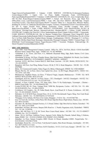 21
Nagar,TuticorinTamilnadu628003 • Udaipur: CAMS SERVICE CENTRE,No.32,Ahinsapuri,Fatehpura
Circle,Udaipur-313001 • Ujjain: 123, 1st Floor, Siddhi Vinanyaka Trade CENTER,Saheed
Park,UjjainMadhyaPradesh456010 • Vadodara: CAMS SERVICE CENTER,No.103, Aries Complex,Bpc Road,
Off R.C.Dutt Road,Alkapuri,Vadodara,Gujarat,390007 • Valsad: 3rd floor,Gita Nivas, opp Head Post
Office,Halar Cross LaneValsad,Gujarat,396001 • Vapi: 208, 2nd Floor HEENA ARCADE,Opp. Tirupati
TowerNear G.I.D.C. Char Rasta,Vapi,Gujarat,396195 • Varanasi: Office no 1, Second floor, Bhawani Market,
Building No. D-58/2-A1, Rathyatra Beside Kuber Complex, Varanasi, Uttarpradesh-221010 • Vasco(Parent Goa):
No DU 8, Upper Ground Floor, Behind Techoclean Clinic, Suvidha Complex Near ICICI
Bank,Vasco,Goa,403802 • Vashi: CAMS SERVICE CENTER,BSEL Tech Park,B-505,Plot No.39/5 &
39/5A,Sector 30A,Opp.Vashi Railway StationmVashi,Navi Mumbai-400705 • Vellore: CAMS SERVICE
CENTRE,AKT Complex,2nd Floor,No.1,3,New Sankaranpalayam Road Tolgate,Vellore-632001 • Vijayawada:
CAMS SERVICE CENTER,40-1-68, Rao & Ratnam Complex,Near Chennupati Petrol Pump,M.G Road,
Labbipet,Vijayawada,AndhraPradesh,520010 • Visakhapatnam: CAMS SERVICE CENTER,Door No 48-3-2,Flat
No 2, 1st Floor, Sidhi Plaza,Near Visakha Library, Srinagar, Visakhapatnam- 530 016 • Warangal: F-7, 1st Floor,
A.B.K Mall, Old Bus Depot Road, Ramnagar, Hanamkonda, Warangal.Telangana- 506001 • Yamuna Nagar: 124-
B/R,Model TownYamunanagar,Yamuna Nagar,Haryana,135001 • Yavatmal: Pushpam, Tilakwadi,Opp. Dr.
Shrotri Hospital,Yavatmal,Maharashtra 445001
IDFC AMC OFFICES:
• Agra: IDFC Asset Management Company Limited, Office No. 307A, 3rd Floor, Block # 38/4A Sumriddhi
Business Suites, Sanjay Place, Agra – 282002 Tel.:+91 562 4064889.
• *Allahabad: S. N. Tower, 2nd Floor, 4 C, Maharshi Dayanand Marg, Opp. Radio Station, Civil Lines,
Allahabad - 211 001.
• Ahmedabad: B Wing, 3rd Floor, Chandan House, Opp Gruh Finance, Mithakhali Six Roads, Law Garden,
Ahmedabad 380006.Tel.:+9179-26460923 -26460925, 64505881 , 64505857.
• Amritsar: 6-FUF, 4th Floor, Central Mall,32, Mall Road, Amritsar - 143 001. Mobile: 09356126222, Tel.:
+91-183-5030393.
• Bangalore: 6th Floor, East Wing, Raheja Towers, #26 & 27, M. G. Road, Bangalore - 560 001. Tel.: +91-80-
43079000.
• Bhilai: 26, Commercial Complex, Nehru Nagar (E), Bhilai, Chhattisgarh- 490020. Tel.: 0788 4060065
• Bhopal: Plot No. 49, 1st floor, Above Tata Capital Ltd., Zone - II, M.P Nagar, Bhopal (M.P.) - 462011 Tel.:
+91- 0755 - 428 1896.
• Bhubaneswar: Rajdhani House, 1st Floor, 77 Kharvel Nagar, Janpath, Bhubaneswar - 751001. Tel.: 0674
6444252 /0674 2531048 / 0674 2531148.
• Chandigarh: SCO No. 2469-70, 1st Floor, Sector - 22C, Chandigarh - 160 022. Chandigarh - 160 022. Tel.:
+91-172-5071918/19/21/22, Fax: +91-172-5071918.
• Chennai: 4 Floor, Capitale Tower, 555 Anna Salai, Thiru Vi Ka Kudiyiruppu, Teynampet , Chennai -
600018,Tamil Nadu. Tel.: +91-44-45644201/202.
• Cochin:39/3993 B2, Gr. Floor, Vantage Point, VRM Rd, Ravipuram, Cochin - 682 016. Tel: +91- 484-
3012639/4029291, Fax: +91-484-2358639.
• Coimbatore: A2 Complex , No. 49, Father Randy Street, Azad Road, R. S. Puram, Coimbatore - 641 002.
Tel.: +91-422-2542645, 2542678.
• Dehradun: G-12 B NCR Plaza, Ground Floor, 24 A, 112/28, Ravindranath Tagore Marg, New Cantt Road,
Dehradun - 248 001. Tel.: +91-9897934555, 8171872220
• *Durgapur: 6/2A, Suhatta, 6th Floor, City Centre, Durgapur - 713216. Tel.: +91 8537867746.
• Goa: F-27 & F-28, 1st Floor, Alfran Plaza, M.G Road, Opp.Don Bosco High School, Panjim, Goa - 403 001.
Tel.: 0832-2231603.
• Guwahati: 4E, 4th Floor, Ganapati Enclave, G. S. Road, Ulubari, Opp. Bora Service Station, Guwahati - 781
007. Tel.: 0361-2132178/88.
• Hyderabad: 3rd floor, SB towers, Banjara Hills Road no. 1, Nearby Nagarjuna circle, Hyderabad - 500034.
Tel.: +91- 40 - 23350744.
• Indore: 405, 4th Floor, 21/ 1, D. M. Tower, Race Course Road, Indore - 452 001. Tel.: +91-731-4206927/
4208048. Fax: +91-731-4206923.
• Jaipur: 301-A, 3rd Floor, Ambition Tower, Agersen Circle, Malan Ka Chaurah, Subash Marg, C-Scheme,
Jaipur-302001. Tel.: +91-0141-2360945, 0141-2360947, 0141-2360948.
• Jalandhar: 1st Floor, Satnam Complex, BMC Chowk, G.T.Road, Jalandhar-144001. Punjab-India. Tel. :
01815018264 / 01815061378/88.
• Jamshedpur: Room No - 111,1st Floor, Yash Kamal Complex, Main Road, Bistupur, Jamshepdur – 831 001.
Tel.: 0657-2230112/111/222.
• Kanpur: Office No. 214-215, IInd Floor, KAN Chambers, 14/113, Civil Lines, Kanpur - 208 001. Tel.: +91
 