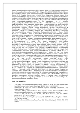 gateBus stand,Shimla,HimachalPradesh,171001 • Shimoga: No.65 1st FloorKishnappa Compound1st
Cross, Hosmane Extn,Shimoga,Karnataka,577201 • Siliguri: CAMS SERVICE CENTER,No.78,Haren
Mukherjee Road,1st Floor,Beside SBI Hakimpara,Siliguri-734001 • Sirsa: Ground floor of CA Deepak
Gupta, M G Complex, Bhawna marg , Beside Over Bridge,bansal Cinerma Market, Sirsa
Haryana,125055 • Sitapur: Arya Nagar Near Arya Kanya School Sitapur Uttarpradesh-261001 • Solan:
1st Floor, Above Sharma General Store,Near Sanki Rest house,The Mall,Solan, HimachalPradesh
173212 • Solapur: Flat No 109, 1st FloorA Wing, Kalyani Tower126 Siddheshwar Peth,Near Pangal
High SchoolSolapur,Maharashtra,413001 • Sri Ganganagar: 18 L BlockSri
Ganganagar,Rajasthan,335001 • Srikakulam: Door No 4—4-96,First Floor.Vijaya Ganapathi Temple
Back Side,Nanubala Street ,Srikakulam, AndhraPradesh 532001 • Sultanpur: 967, Civil Lines Near
Pant Stadium Sultanpur Uttarpradesh-228001 • Surat: CAMS SERVICE CENTRE,Shop No.G-
5,International Commerce Center,Nr.Kadiwala School,Majura Gate,Ring Road,Surat-395002 •
Surendranagar: 2 M I Park, Near Commerce College, Wadhwan City,Surendranagar Gujarat 363035 •
Tambaram: CAMS SERVICE CENTER,3rd Floor, B R Complex,No.66,Door No.11A,Ramakrishna
Iyer Street,Opp.National Cinema Theatre,West Tambaram,Chennai-600045 • Thane: CAMS
SERVICE CENTER,Dev Corpora,1st Floor,Office No.102,Cadbury Junction,Eastern Express
Way,Thane-400601 • Tinsukia: CAMS Transaction Point, Bhowal Complex Ground Floor, Near Dena
Bank, Rongagora Road PO / Dist - Tinsukia Assam PIN -786 125 • Tirunelveli: CAMS SERVICE
CENTRE,No.F4,Magnam Suraksaa Apatments,Tiruvananthapuram Road,Tirunelveli-627002 •
Tirupati: Shop No : 6,Door No: 19-10-8,(Opp to Passport Office),AIR Bypass Road,Tirupati-
517501,AndhraPradesh • Tirupur: 1(1), Binny Compound,II Street,Kumaran
Road,Tirupur,Tamilnadu,641601 • Tiruvalla: 1st Floor, Room No - 61(63), International Shopping
Mall, Opp St. Thomas Evangelical Church, Above Thomson Bakery, Manjady, Tiruvalla, Kerala –
689105 • Trichur: Room No. 26 & 27Dee Pee Plaza,Kokkalai,Trichur,Kerala,680001 • Trichy: No 8, I
Floor, 8th Cross West Extn,Thillainagar,Trichy,Tamilnadu,620018 • Trivandrum: R S Complex,Opp
of LIC Building,Pattom PO,Trivandrum,Kerala,695004 • Tuticorin: 4B/A16, Mangal Mall
Complex,Ground Floor,Mani Nagar,TuticorinTamilnadu628003 • Udaipur: CAMS SERVICE
CENTRE,No.32,Ahinsapuri,Fatehpura Circle,Udaipur-313001 • Ujjain: 123, 1st Floor, Siddhi
Vinanyaka Trade CENTER,Saheed Park,UjjainMadhyaPradesh456010 • Vadodara: CAMS SERVICE
CENTER,No.103, Aries Complex,Bpc Road, Off R.C.Dutt Road,Alkapuri,Vadodara,Gujarat,390007 •
Valsad: 3rd floor,Gita Nivas, opp Head Post Office,Halar Cross LaneValsad,Gujarat,396001 • Vapi:
208, 2nd Floor HEENA ARCADE,Opp. Tirupati TowerNear G.I.D.C. Char
Rasta,Vapi,Gujarat,396195 • Varanasi: Office no 1, Second floor, Bhawani Market, Building No. D-
58/2-A1, Rathyatra Beside Kuber Complex, Varanasi, Uttarpradesh-221010 • Vasco(Parent Goa): No
DU 8, Upper Ground Floor, Behind Techoclean Clinic, Suvidha Complex Near ICICI
Bank,Vasco,Goa,403802 • Vashi: CAMS SERVICE CENTER,BSEL Tech Park,B-505,Plot No.39/5 &
39/5A,Sector 30A,Opp.Vashi Railway StationmVashi,Navi Mumbai-400705 • Vellore: CAMS
SERVICE CENTRE,AKT Complex,2nd Floor,No.1,3,New Sankaranpalayam Road Tolgate,Vellore-
632001 • Vijayawada: CAMS SERVICE CENTER,40-1-68, Rao & Ratnam Complex,Near
Chennupati Petrol Pump,M.G Road, Labbipet,Vijayawada,AndhraPradesh,520010 • Visakhapatnam:
CAMS SERVICE CENTER,Door No 48-3-2,Flat No 2, 1st Floor, Sidhi Plaza,Near Visakha Library,
Srinagar, Visakhapatnam- 530 016 • Warangal: F-7, 1st Floor, A.B.K Mall, Old Bus Depot Road,
Ramnagar, Hanamkonda, Warangal.Telangana- 506001 • Yamuna Nagar: 124-B/R,Model
TownYamunanagar,Yamuna Nagar,Haryana,135001 • Yavatmal: Pushpam, Tilakwadi,Opp. Dr.
Shrotri Hospital,Yavatmal,Maharashtra 445001
IDFC AMC OFFICES:
• Agra: IDFC Asset Management Company Limited, Office No. 307A, 3rd Floor, Block # 38/4A
Sumriddhi Business Suites, Sanjay Place, Agra – 282002 Tel.:+91 562 4064889.
• *Allahabad: S. N. Tower, 2nd Floor, 4 C, Maharshi Dayanand Marg, Opp. Radio Station, Civil
Lines, Allahabad - 211 001.
• Ahmedabad: B Wing, 3rd Floor, Chandan House, Opp Gruh Finance, Mithakhali Six Roads, Law
Garden, Ahmedabad 380006.Tel.:+9179-26460923 -26460925, 64505881 , 64505857.
• Amritsar: 6-FUF, 4th Floor, Central Mall,32, Mall Road, Amritsar - 143 001. Mobile:
09356126222, Tel.: +91-183-5030393.
• Bangalore: 6th Floor, East Wing, Raheja Towers, #26 & 27, M. G. Road, Bangalore - 560 001.
Tel.: +91-80-43079000.
• Bhilai: 26, Commercial Complex, Nehru Nagar (E), Bhilai, Chhattisgarh- 490020. Tel.: 0788
4060065
 