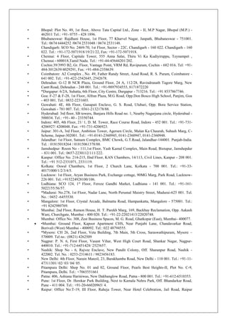 • Bhopal: Plot No. 49, 1st floor, Above Tata Capital Ltd., Zone - II, M.P Nagar, Bhopal (M.P.) -
462011 Tel.: +91- 0755 - 428 1896.
• Bhubaneswar: Rajdhani House, 1st Floor, 77 Kharvel Nagar, Janpath, Bhubaneswar - 751001.
Tel.: 0674 6444252 /0674 2531048 / 0674 2531148.
• Chandigarh: SCO No. 2469-70, 1st Floor, Sector - 22C, Chandigarh - 160 022. Chandigarh - 160
022. Tel.: +91-172-5071918/19/21/22, Fax: +91-172-5071918.
• Chennai: 4 Floor, Capitale Tower, 555 Anna Salai, Thiru Vi Ka Kudiyiruppu, Teynampet ,
Chennai - 600018,Tamil Nadu. Tel.: +91-44-45644201/202.
• Cochin:39/3993 B2, Gr. Floor, Vantage Point, VRM Rd, Ravipuram, Cochin - 682 016. Tel: +91-
484-3012639/4029291, Fax: +91-484-2358639.
• Coimbatore: A2 Complex , No. 49, Father Randy Street, Azad Road, R. S. Puram, Coimbatore -
641 002. Tel.: +91-422-2542645, 2542678.
• Dehradun: G-12 B NCR Plaza, Ground Floor, 24 A, 112/28, Ravindranath Tagore Marg, New
Cantt Road, Dehradun - 248 001. Tel.: +91-9897934555, 8171872220
• *Durgapur: 6/2A, Suhatta, 6th Floor, City Centre, Durgapur - 713216. Tel.: +91 8537867746.
• Goa: F-27 & F-28, 1st Floor, Alfran Plaza, M.G Road, Opp.Don Bosco High School, Panjim, Goa
- 403 001. Tel.: 0832-2231603.
• Guwahati: 4E, 4th Floor, Ganapati Enclave, G. S. Road, Ulubari, Opp. Bora Service Station,
Guwahati - 781 007. Tel.: 0361-2132178/88.
• Hyderabad: 3rd floor, SB towers, Banjara Hills Road no. 1, Nearby Nagarjuna circle, Hyderabad -
500034. Tel.: +91- 40 - 23350744.
• Indore: 405, 4th Floor, 21/ 1, D. M. Tower, Race Course Road, Indore - 452 001. Tel.: +91-731-
4206927/ 4208048. Fax: +91-731-4206923.
• Jaipur: 301-A, 3rd Floor, Ambition Tower, Agersen Circle, Malan Ka Chaurah, Subash Marg, C-
Scheme, Jaipur-302001. Tel.: +91-0141-2360945, 0141-2360947, 0141-2360948.
• Jalandhar: 1st Floor, Satnam Complex, BMC Chowk, G.T.Road, Jalandhar-144001. Punjab-India.
Tel. : 01815018264 / 01815061378/88.
• Jamshedpur: Room No - 111,1st Floor, Yash Kamal Complex, Main Road, Bistupur, Jamshepdur
– 831 001. Tel.: 0657-2230112/111/222.
• Kanpur: Office No. 214-215, IInd Floor, KAN Chambers, 14/113, Civil Lines, Kanpur - 208 001.
Tel.: +91 512-2331071, 2331119.
• Kolkata: Oswal Chambers, 1st Floor, 2 Church Lane, Kolkata - 700 001. Tel.: +91-33-
40171000/1/2/3/4/5.
• Lucknow: 1st Floor, Aryan Business Park, Exchange cottage, 90MG Marg, Park Road, Lucknow-
226 001. Tel.:+915224928100/106.
• Ludhiana: SCO 124, 1st
Floor, Feroze Gandhi Market, Ludhiana - 141 001. Tel.: +91-161-
5022155/56/57.
• *Madurai: No.278, 1st Floor, Nadar Lane, North Perumal Maistry Street, Madurai-625 001. Tel.
No. : 0452 -6455530.
• Mangalore: 1st Floor, Crystal Arcade, Balmatta Road, Hampankatta, Mangalore - 575001. Tel.:
+91 8242980769.
• Mumbai: 2nd Floor, Ramon House, H. T. Parekh Marg, 169, Backbay Reclamation, Opp. Aakash
Wani, Churchgate, Mumbai - 400 020. Tel.: +91-22-22021413/22020748.
• Mumbai: Office No. 308, Zest Business Spaces, M. G. Road, Ghatkopar (East), Mumbai- 400077.
 •Mumbai: Ground Floor, Kapoor Apartment CHS, Near Punjabi Lane, Chandavarkar Road,
Borivali (West) Mumbai - 400092. Tel.: 022 48794555.
• *Mysore: CH 26, 2nd Floor, Veta Building, 7th Main, 5th Cross, Saraswathipuram, Mysore –
570009. Tel no.: (0821) 4262509
• Nagpur: P. N. 6, First Floor, Vasant Vihar, West High Court Road, Shankar Nagar, Nagpur-
440010. Tel.: +91-712-6451428/ 2525657.
• Nashik: Shop No - 6, Rajvee Enclave, New Pandit Colony, Off. Sharanpur Road, Nashik -
422002. Tel. No. : 0253-2314611 / 9823456183.
• New Delhi: 4th Floor, Narain Manzil, 23, Barakhamba Road, New Delhi - 110 001. Tel.: +91-11-
47311301/ 02/ 03/ 04/ 05.
• Pitampura Delhi: Shop No. 01 and 02, Ground Floor, Pearls Best Heights-II, Plot No. C-9,
Pitampura, Delhi. Tel.: +7065551661
• Patna: 406, Ashiana Hariniwas, New Dakbanglow Road, Patna - 800 001. Tel.: +91-612-6510353.
• Pune: 1st Floor, Dr. Herekar Park Building, Next to Kamala Nehru Park, Off. Bhandarkar Road,
Pune - 411 004. Tel.: +91-20-66020965/ 4.
• Raipur: Office No:T-19, III Floor, Raheja Tower, Near Hotel Celebration, Jail Road, Raipur
 