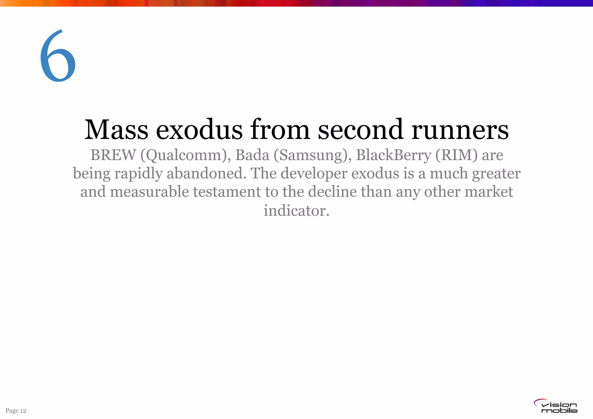 6
              Mass exodus from second runners
            BREW (Qualcomm), Bada (Samsung), BlackBerry (RIM) are
          being rapidly abandoned. The developer exodus is a much greater
           and measurable testament to the decline than any other market
                                    indicator.




Page 12
 