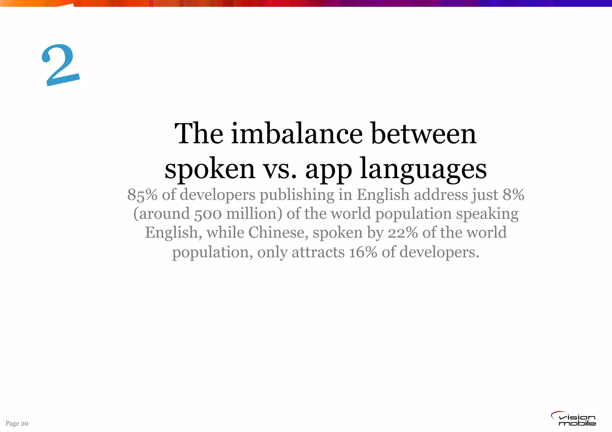 2
                    The imbalance between
                   spoken vs. app languages
              85% of developers publishing in English address just 8%
               (around 500 million) of the world population speaking
                 English, while Chinese, spoken by 22% of the world
                    population, only attracts 16% of developers.




Page 20
 