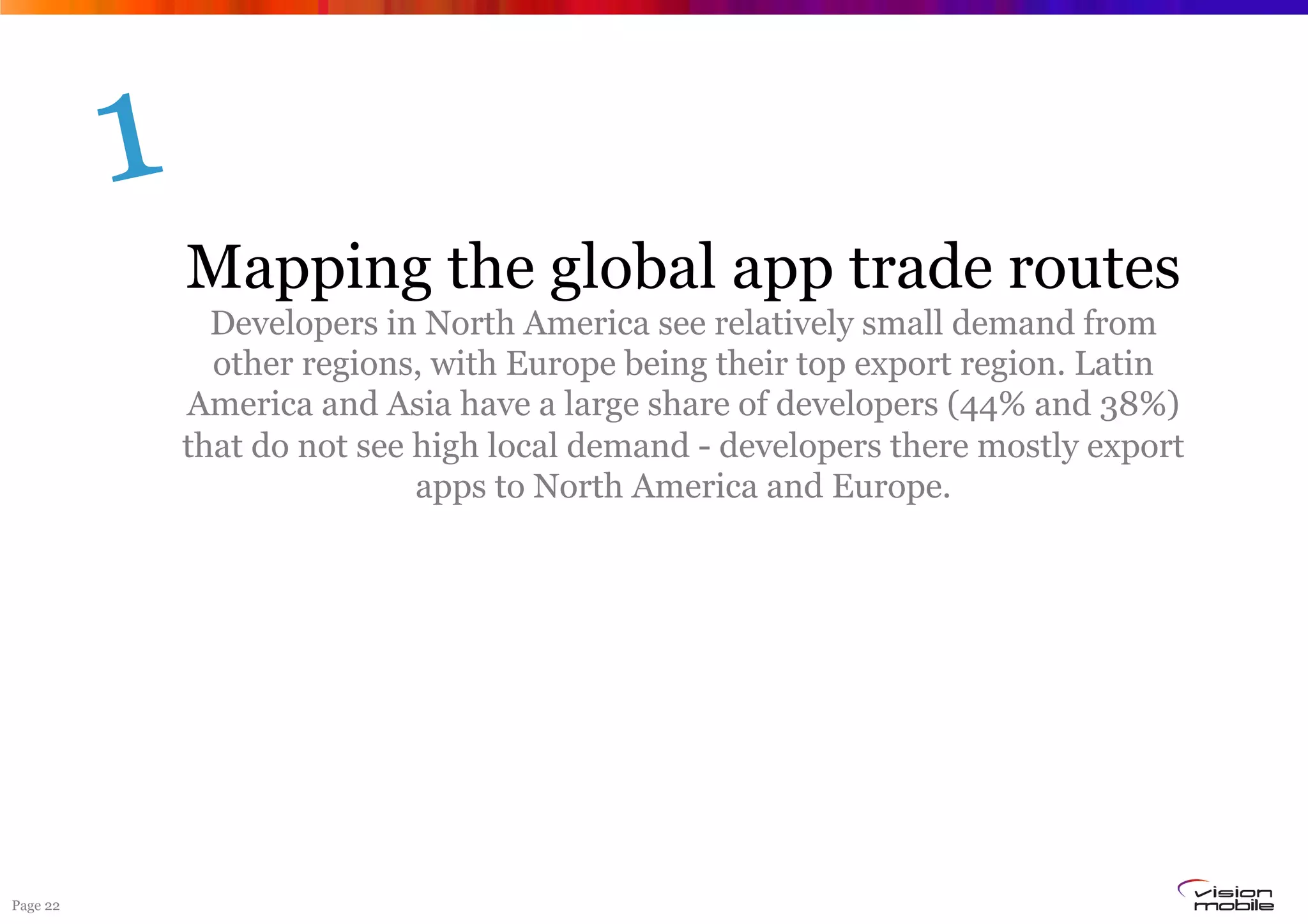 1
              Mapping the global app trade routes
                Developers in North America see relatively small demand from
                other regions, with Europe being their top export region. Latin
              America and Asia have a large share of developers (44% and 38%)
              that do not see high local demand - developers there mostly export
                              apps to North America and Europe.




Page 22
 