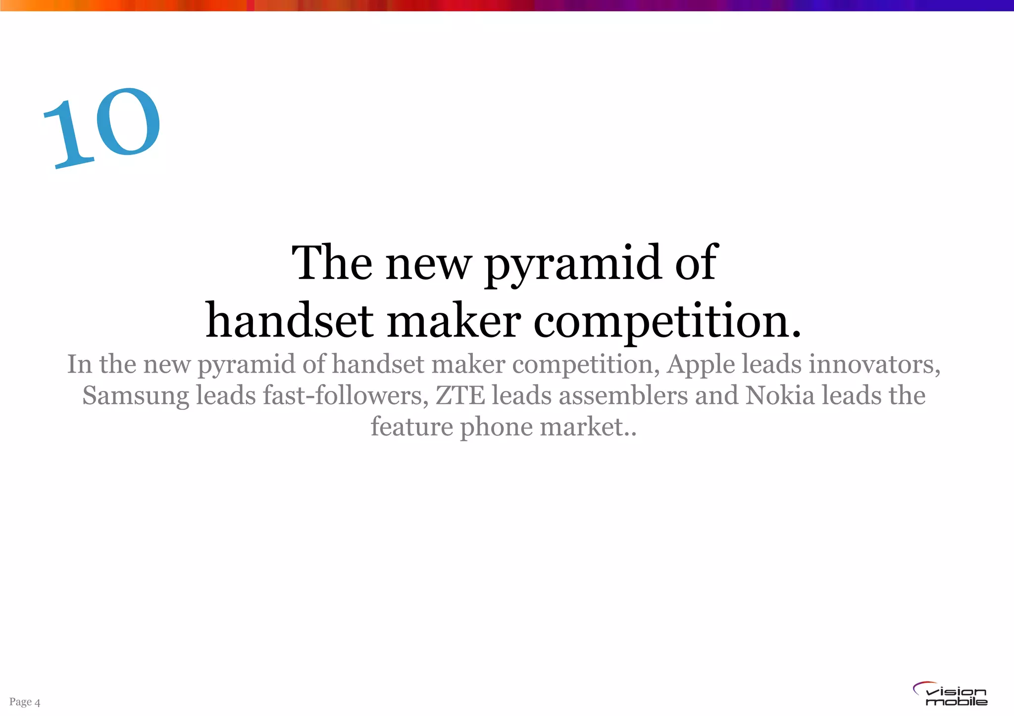 10
                       The new pyramid of
                    handset maker competition.
         In the new pyramid of handset maker competition, Apple leads innovators,
          Samsung leads fast-followers, ZTE leads assemblers and Nokia leads the
                                  feature phone market..




Page 4
 