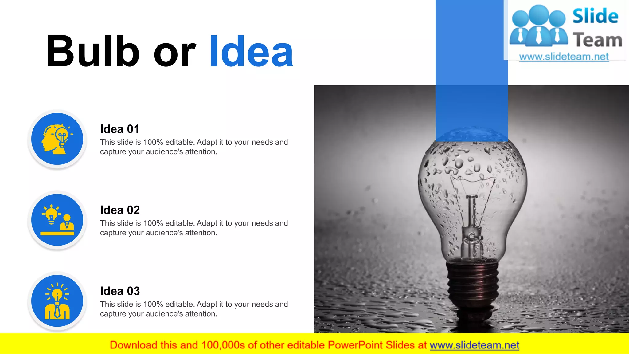 16
Bulb or Idea
This slide is 100% editable. Adapt it to your needs and
capture your audience's attention.
Idea 02
This slide is 100% editable. Adapt it to your needs and
capture your audience's attention.
Idea 03
This slide is 100% editable. Adapt it to your needs and
capture your audience's attention.
Idea 01
 