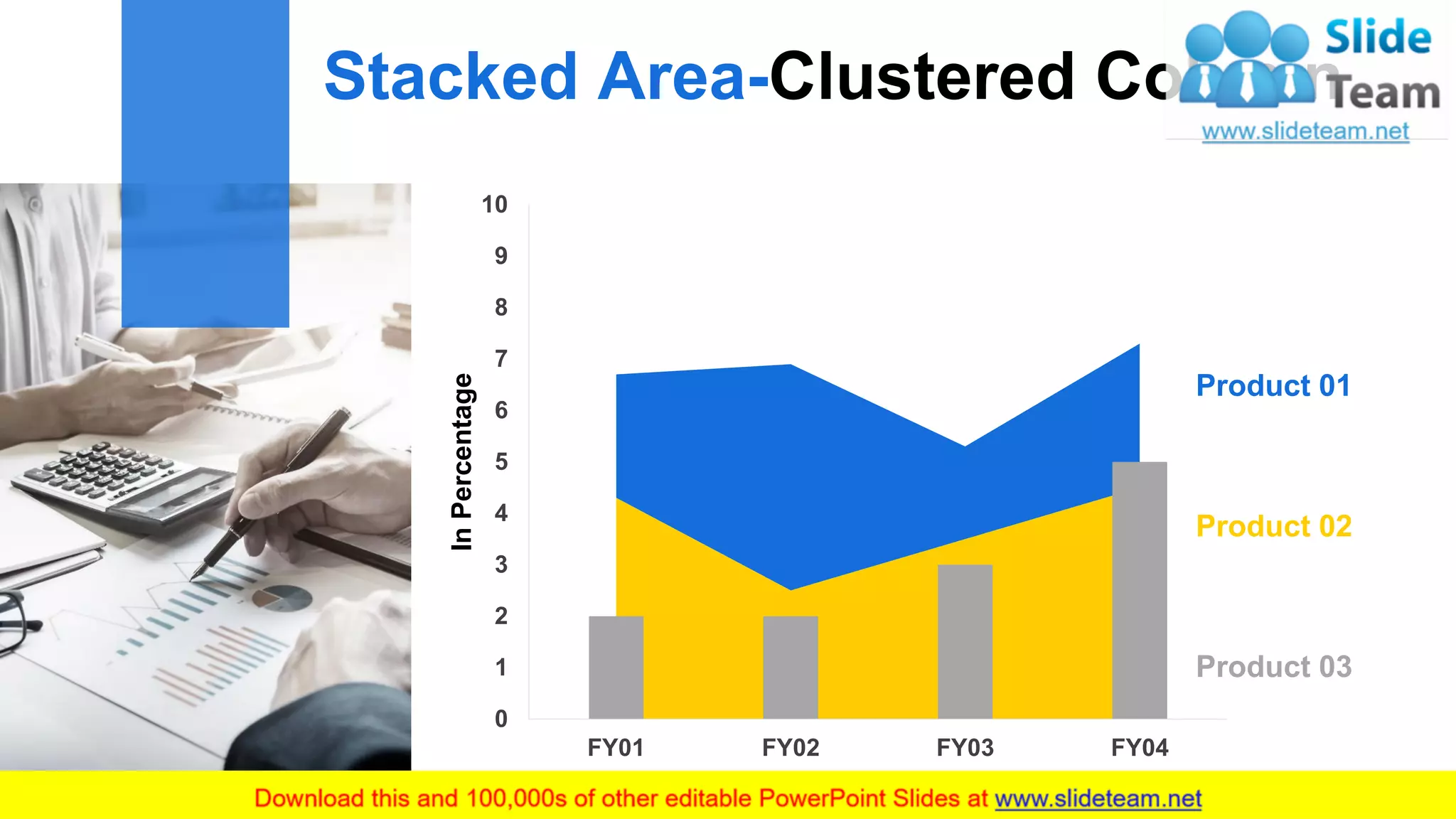 Stacked Area-Clustered Column
17
0
1
2
3
4
5
6
7
8
9
10
FY01 FY02 FY03 FY04
InPercentage
Product 01
Product 02
Product 03
 