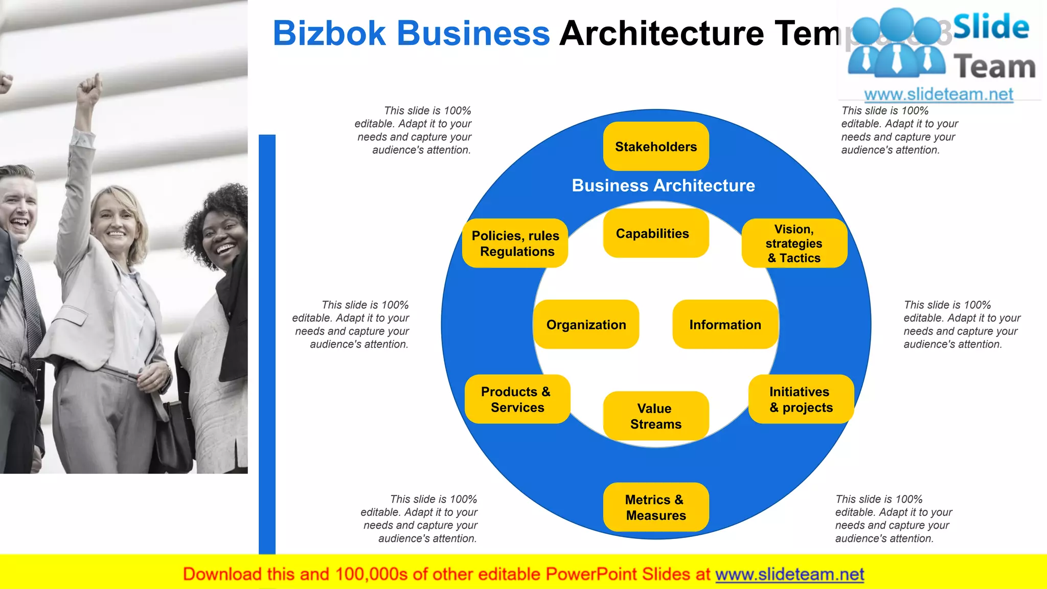 Bizbok Business Architecture Template 3
5
Stakeholders
Vision,
strategies
& Tactics
Products &
Services
Metrics &
Measures
Initiatives
& projects
Policies, rules
Regulations
Capabilities
Information
Value
Streams
Organization
Business Architecture
This slide is 100%
editable. Adapt it to your
needs and capture your
audience's attention.
This slide is 100%
editable. Adapt it to your
needs and capture your
audience's attention.
This slide is 100%
editable. Adapt it to your
needs and capture your
audience's attention.
This slide is 100%
editable. Adapt it to your
needs and capture your
audience's attention.
This slide is 100%
editable. Adapt it to your
needs and capture your
audience's attention.
This slide is 100%
editable. Adapt it to your
needs and capture your
audience's attention.
 