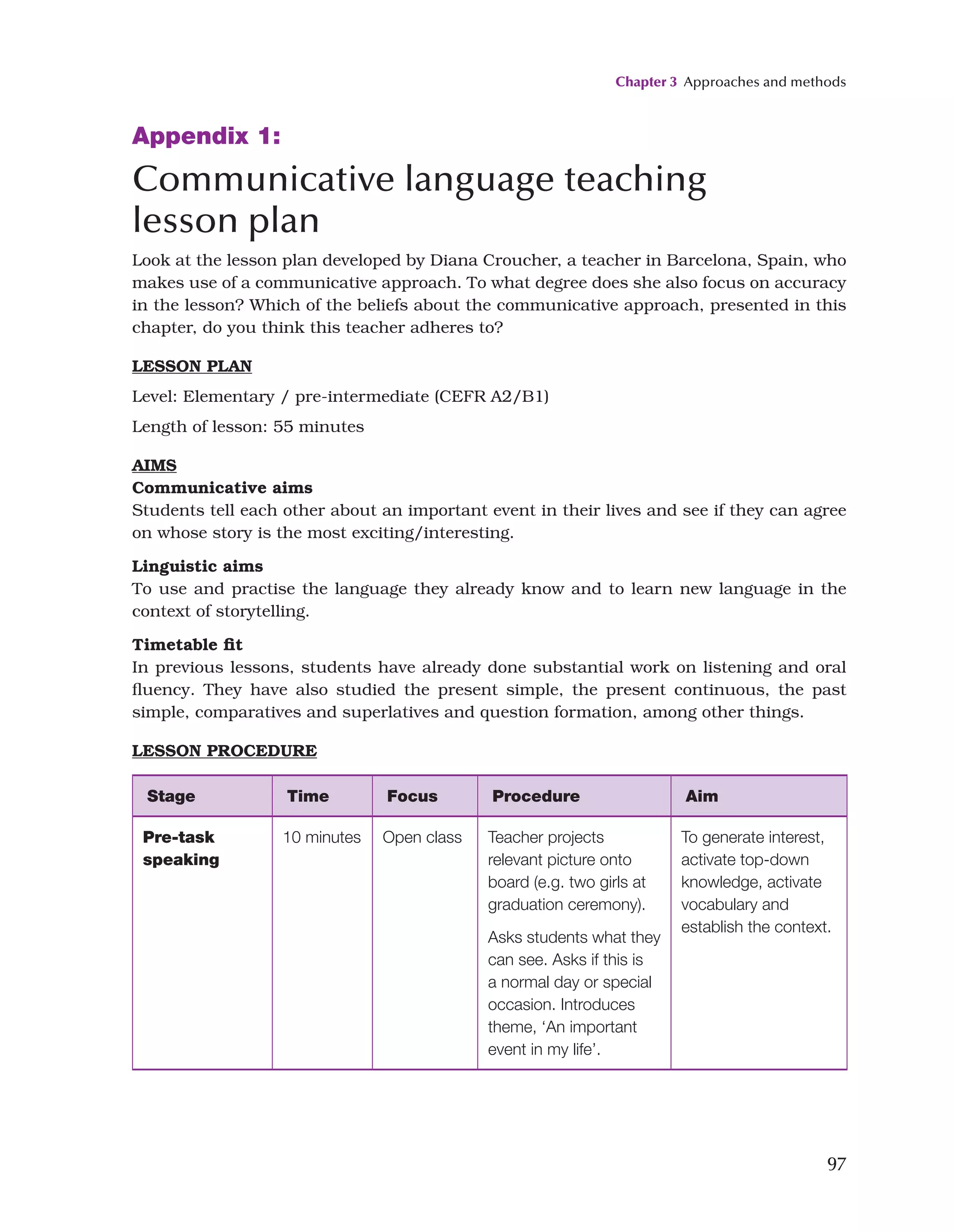 Chapter 3 Approaches and methods
97
Appendix 1:
Communicative language teaching
lesson plan
Look at the lesson plan developed by Diana Croucher, a teacher in Barcelona, Spain, who
makes use of a communicative approach. To what degree does she also focus on accuracy
in the lesson? Which of the beliefs about the communicative approach, presented in this
chapter, do you think this teacher adheres to?
LESSON PLAN
Level: Elementary / pre-intermediate (CEFR A2/B1)
Length of lesson: 55 minutes
AIMS
Communicative aims
Students tell each other about an important event in their lives and see if they can agree
on whose story is the most exciting/interesting.
Linguistic aims
To use and practise the language they already know and to learn new language in the
context of storytelling.
Timetable fit
In previous lessons, students have already done substantial work on listening and oral
fluency. They have also studied the present simple, the present continuous, the past
simple, comparatives and superlatives and question formation, among other things.
LESSON PROCEDURE
Stage Time Focus Procedure Aim
Pre-task
speaking
10 minutes Open class Teacher projects
relevant picture onto
board (e.g. two girls at
graduation ceremony).
Asks students what they
can see. Asks if this is
a normal day or special
occasion. Introduces
theme, ‘An important
event in my life’.
To generate interest,
activate top-down
knowledge, activate
vocabulary and
establish the context.
 