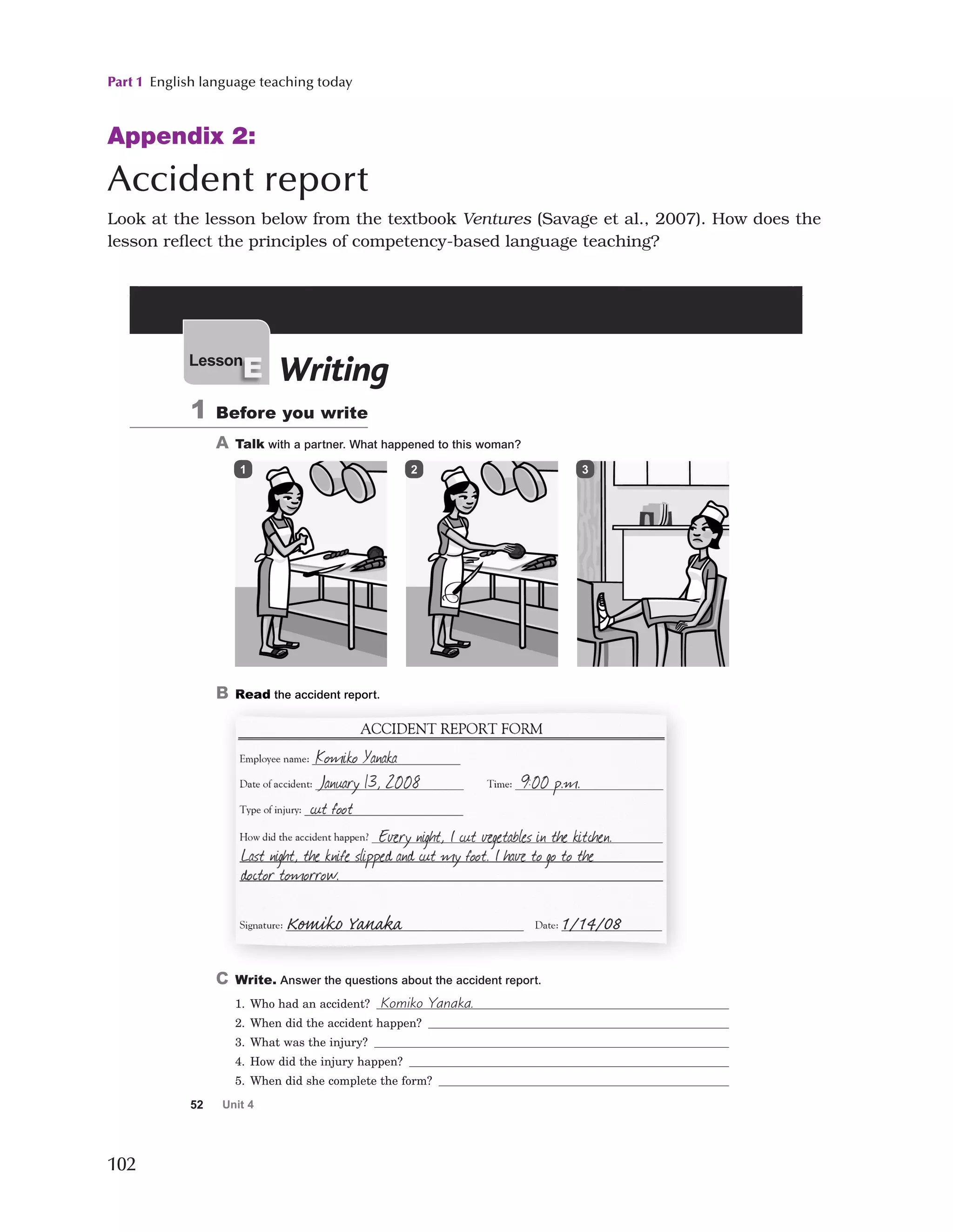 Part 1 English language teaching today
102
Appendix 2:
Accident report
Look at the lesson below from the textbook Ventures (Savage et al., 2007). How does the
lesson reflect the principles of competency-based language teaching?
52 Unit 4
Lesson
n
n
n
n
n
n
E Writing
1 Before you write
A Talk with a partner. What happened to this woman?
B Read the accident report.
B Read the accident report.
C Write. Answer the questions about the accident report.
1. Who had an accident? Komiko Yanaka.
2. When did the accident happen?
3. What was the injury?
4. How did the injury happen?
5. When did she complete the form?
1 2 3
3010_Vs_SB2_repr_U04_P02.01 52 1/31/08 5:39:10 PM
 