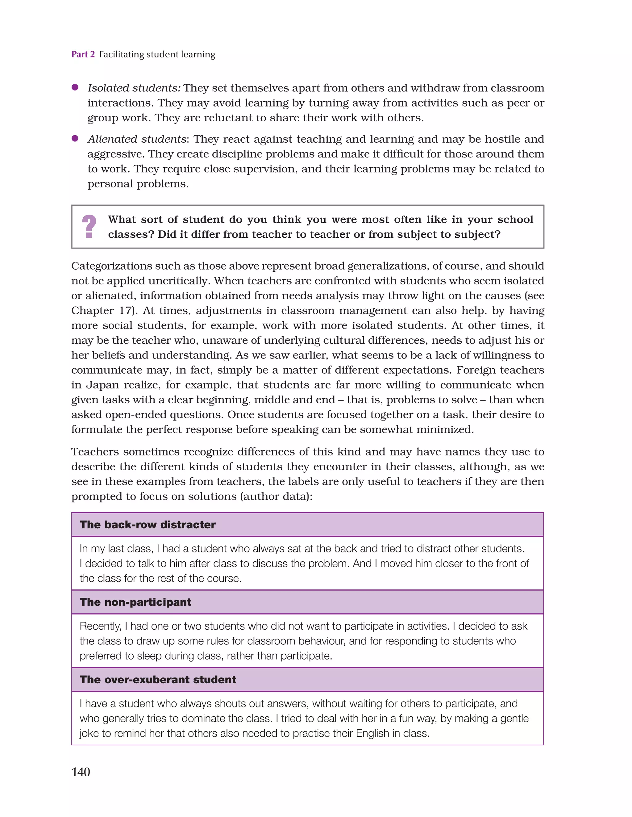 Part 2 Facilitating student learning
140
●
● Isolated students: They set themselves apart from others and withdraw from classroom
interactions. They may avoid learning by turning away from activities such as peer or
group work. They are reluctant to share their work with others.
●
● Alienated students: They react against teaching and learning and may be hostile and
aggressive. They create discipline problems and make it difficult for those around them
to work. They require close supervision, and their learning problems may be related to
personal problems.
? What sort of student do you think you were most often like in your school
classes? Did it differ from teacher to teacher or from subject to subject?
Categorizations such as those above represent broad generalizations, of course, and should
not be applied uncritically. When teachers are confronted with students who seem isolated
or alienated, information obtained from needs analysis may throw light on the causes (see
Chapter 17). At times, adjustments in classroom management can also help, by having
more social students, for example, work with more isolated students. At other times, it
may be the teacher who, unaware of underlying cultural differences, needs to adjust his or
her beliefs and understanding. As we saw earlier, what seems to be a lack of willingness to
communicate may, in fact, simply be a matter of different expectations. Foreign teachers
in Japan realize, for example, that students are far more willing to communicate when
given tasks with a clear beginning, middle and end – that is, problems to solve – than when
asked open-ended questions. Once students are focused together on a task, their desire to
formulate the perfect response before speaking can be somewhat minimized.
Teachers sometimes recognize differences of this kind and may have names they use to
describe the different kinds of students they encounter in their classes, although, as we
see in these examples from teachers, the labels are only useful to teachers if they are then
prompted to focus on solutions (author data):
The back-row distracter
In my last class, I had a student who always sat at the back and tried to distract other students.
I decided to talk to him after class to discuss the problem. And I moved him closer to the front of
the class for the rest of the course.
The non-participant
Recently, I had one or two students who did not want to participate in activities. I decided to ask
the class to draw up some rules for classroom behaviour, and for responding to students who
preferred to sleep during class, rather than participate.
The over-exuberant student
I have a student who always shouts out answers, without waiting for others to participate, and
who generally tries to dominate the class. I tried to deal with her in a fun way, by making a gentle
joke to remind her that others also needed to practise their English in class.
 