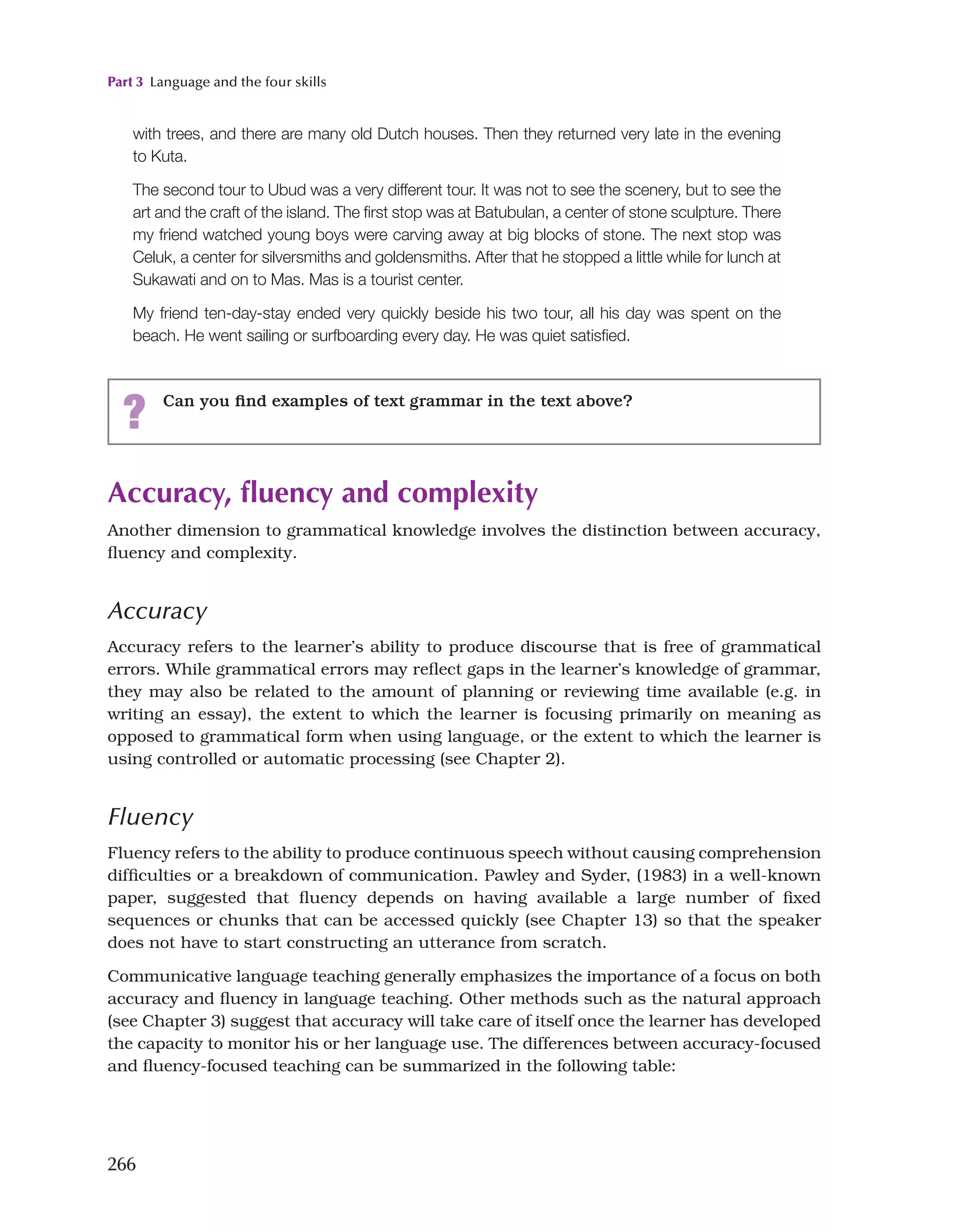 Part 3 Language and the four skills
266
Accuracy, fluency and complexity
Another dimension to grammatical knowledge involves the distinction between accuracy,
fluency and complexity.
Accuracy
Accuracy refers to the learner’s ability to produce discourse that is free of grammatical
errors. While grammatical errors may reflect gaps in the learner’s knowledge of grammar,
they may also be related to the amount of planning or reviewing time available (e.g. in
writing an essay), the extent to which the learner is focusing primarily on meaning as
opposed to grammatical form when using language, or the extent to which the learner is
using controlled or automatic processing (see Chapter 2).
Fluency
Fluency refers to the ability to produce continuous speech without causing comprehension
difficulties or a breakdown of communication. Pawley and Syder, (1983) in a well-known
paper, suggested that fluency depends on having available a large number of fixed
sequences or chunks that can be accessed quickly (see Chapter 13) so that the speaker
does not have to start constructing an utterance from scratch.
Communicative language teaching generally emphasizes the importance of a focus on both
accuracy and fluency in language teaching. Other methods such as the natural approach
(see Chapter 3) suggest that accuracy will take care of itself once the learner has developed
the capacity to monitor his or her language use. The differences between accuracy-focused
and fluency-focused teaching can be summarized in the following table:
with trees, and there are many old Dutch houses. Then they returned very late in the evening
to Kuta.
The second tour to Ubud was a very different tour. It was not to see the scenery, but to see the
art and the craft of the island. The first stop was at Batubulan, a center of stone sculpture. There
my friend watched young boys were carving away at big blocks of stone. The next stop was
Celuk, a center for silversmiths and goldensmiths. After that he stopped a little while for lunch at
Sukawati and on to Mas. Mas is a tourist center.
My friend ten-day-stay ended very quickly beside his two tour, all his day was spent on the
beach. He went sailing or surfboarding every day. He was quiet satisfied.
? Can you find examples of text grammar in the text above?
 