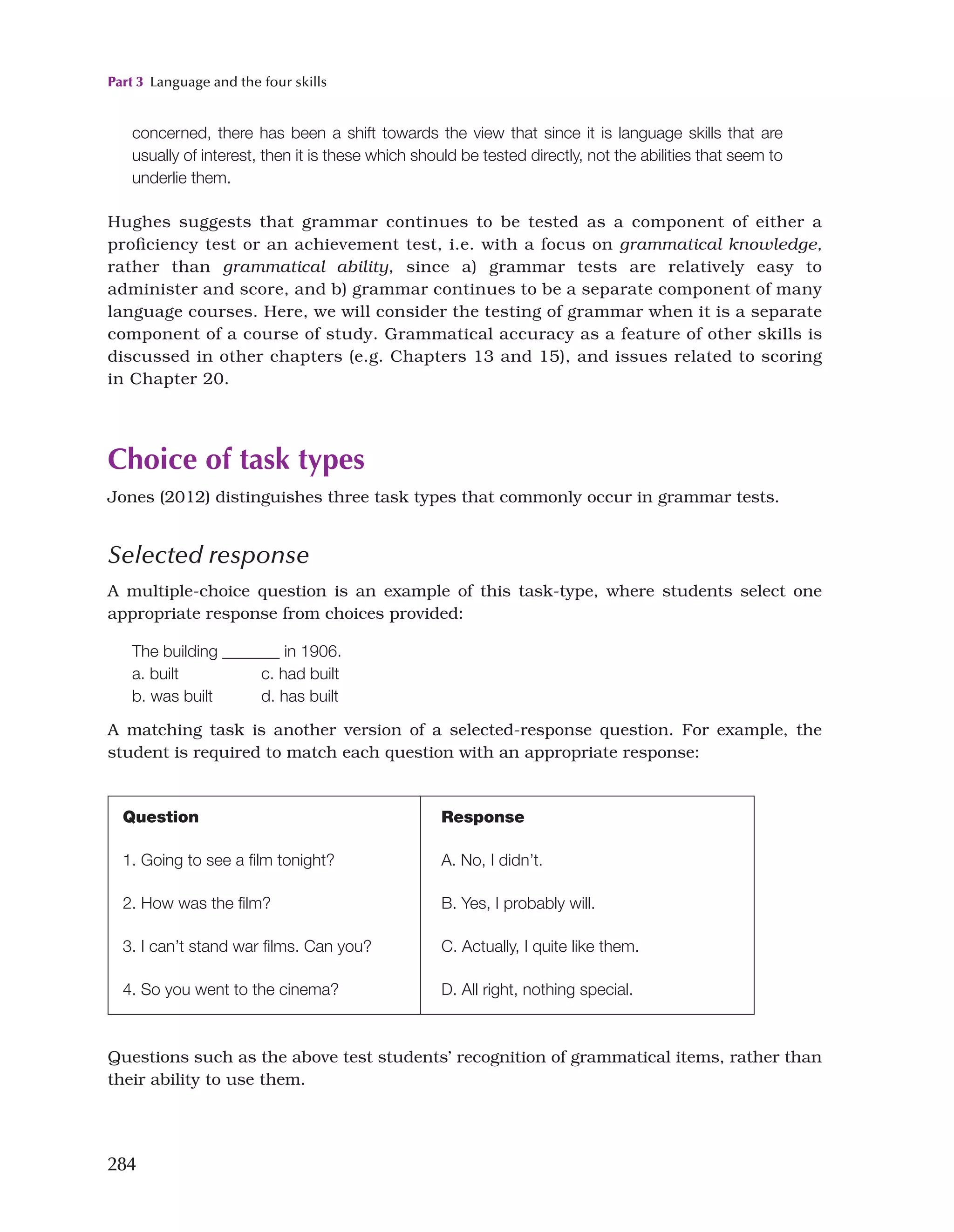 Part 3 Language and the four skills
284
concerned, there has been a shift towards the view that since it is language skills that are
usually of interest, then it is these which should be tested directly, not the abilities that seem to
underlie them.
Hughes suggests that grammar continues to be tested as a component of either a
proficiency test or an achievement test, i.e. with a focus on grammatical knowledge,
rather than grammatical ability, since a) grammar tests are relatively easy to
administer and score, and b) grammar continues to be a separate component of many
language courses. Here, we will consider the testing of grammar when it is a separate
component of a course of study. Grammatical accuracy as a feature of other skills is
discussed in other chapters (e.g. Chapters 13 and 15), and issues related to scoring
in Chapter 20.
Choice of task types
Jones (2012) distinguishes three task types that commonly occur in grammar tests.
Selected response
A multiple-choice question is an example of this task-type, where students select one
appropriate response from choices provided:
The building _______ in 1906.
a. built c. had built
b. was built d. has built
A matching task is another version of a selected-response question. For example, the
student is required to match each question with an appropriate response:
Question
1. Going to see a film tonight?
2. How was the film?
3. I can’t stand war films. Can you?
4. So you went to the cinema?
Response
A. No, I didn’t.
B. Yes, I probably will.
C. Actually, I quite like them.
D. All right, nothing special.
Questions such as the above test students’ recognition of grammatical items, rather than
their ability to use them.
 