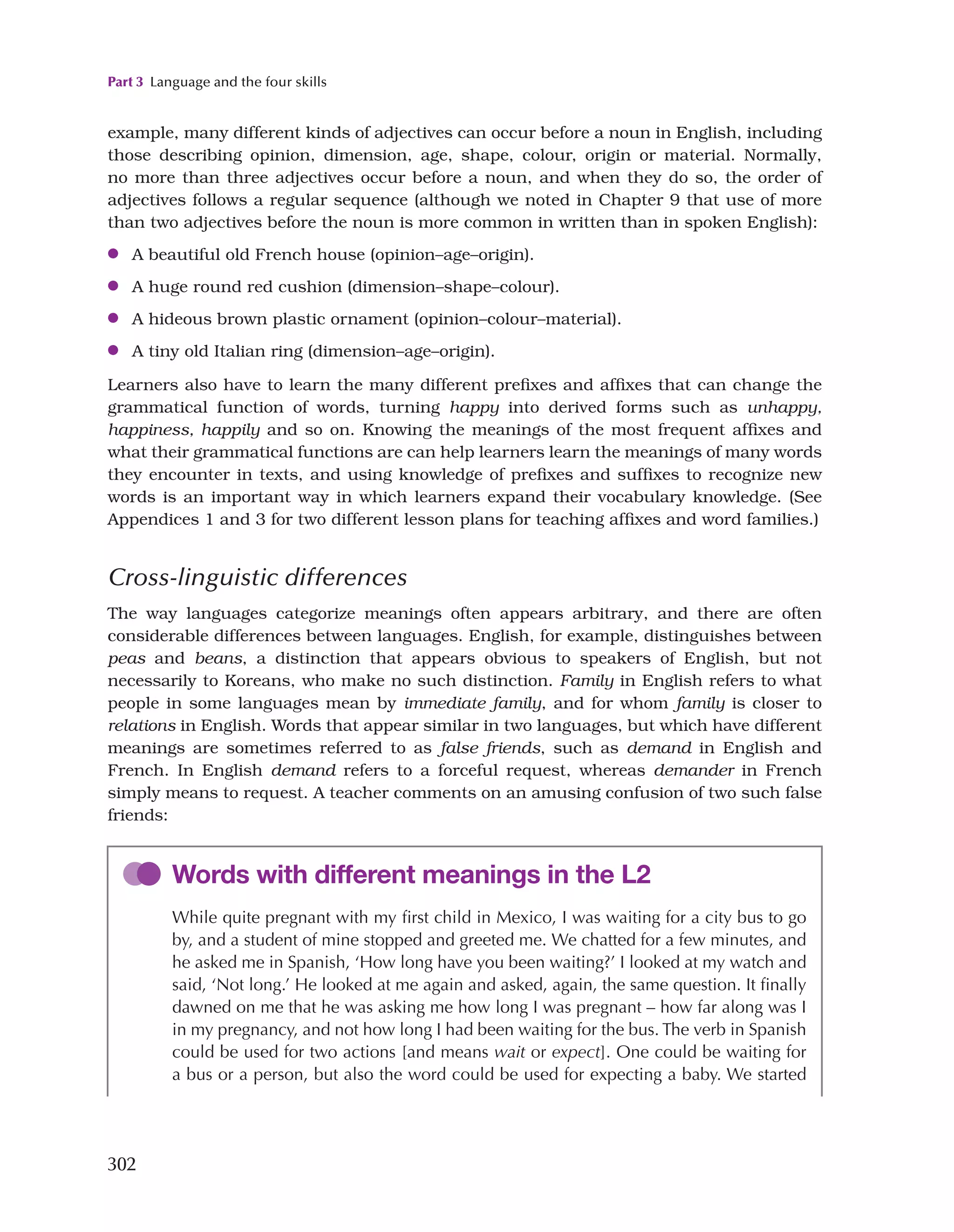 Part 3 Language and the four skills
302
example, many different kinds of adjectives can occur before a noun in English, including
those describing opinion, dimension, age, shape, colour, origin or material. Normally,
no more than three adjectives occur before a noun, and when they do so, the order of
adjectives follows a regular sequence (although we noted in Chapter 9 that use of more
than two adjectives before the noun is more common in written than in spoken English):
●
● A beautiful old French house (opinion–age–origin).
●
● A huge round red cushion (dimension–shape–colour).
●
● A hideous brown plastic ornament (opinion–colour–material).
●
● A tiny old Italian ring (dimension–age–origin).
Learners also have to learn the many different prefixes and affixes that can change the
grammatical function of words, turning happy into derived forms such as unhappy,
happiness, happily and so on. Knowing the meanings of the most frequent affixes and
what their grammatical functions are can help learners learn the meanings of many words
they encounter in texts, and using knowledge of prefixes and suffixes to recognize new
words is an important way in which learners expand their vocabulary knowledge. (See
Appendices 1 and 3 for two different lesson plans for teaching affixes and word families.)
Cross-linguistic differences
The way languages categorize meanings often appears arbitrary, and there are often
considerable differences between languages. English, for example, distinguishes between
peas and beans, a distinction that appears obvious to speakers of English, but not
necessarily to Koreans, who make no such distinction. Family in English refers to what
people in some languages mean by immediate family, and for whom family is closer to
relations in English. Words that appear similar in two languages, but which have different
meanings are sometimes referred to as false friends, such as demand in English and
French. In English demand refers to a forceful request, whereas demander in French
simply means to request. A teacher comments on an amusing confusion of two such false
friends:
Words with different meanings in the L2
While quite pregnant with my first child in Mexico, I was waiting for a city bus to go
by, and a student of mine stopped and greeted me. We chatted for a few minutes, and
he asked me in Spanish, ‘How long have you been waiting?’ I looked at my watch and
said, ‘Not long.’ He looked at me again and asked, again, the same question. It finally
dawned on me that he was asking me how long I was pregnant – how far along was I
in my pregnancy, and not how long I had been waiting for the bus. The verb in Spanish
could be used for two actions [and means wait or expect]. One could be waiting for
a bus or a person, but also the word could be used for expecting a baby. We started
 