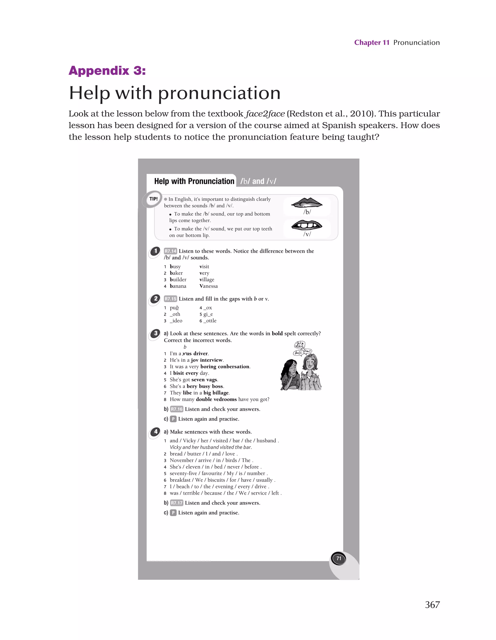 Chapter 11 Pronunciation
367
Appendix 3:
Help with pronunciation
Look at the lesson below from the textbook face2face (Redston et al., 2010). This particular
lesson has been designed for a version of the course aimed at Spanish speakers. How does
the lesson help students to notice the pronunciation feature being taught?
Help with Pronunciation
71
b) Listen again. Complete the
questionnaire for Patricia and
Gunter.
c) Who do these sentences
refer to, Patricia or Gunter?
1 She/He says readers are easy.
Patricia
2 She/He needs English for work.
3 She/He usually reads when
travelling home after work.
4 She/He changes books a lot.
5 She/He reads at the weekend
to relax.
6 She/He says using a dictionary
helps to remember words.
Look at R7.13, p168 and
underline the words/phrases
Patricia and Gunter use to
change subject in the
conversation.
Work in pairs. Do the
questionnaire.
5
6
// and //
In English, it’s important to distinguish clearly
between the sounds  and .
● To make the  sound, our top and bottom
lips come together.
● To make the  sound, we put our top teeth
on our bottom lip.
TIP!
R7.14 Listen to these words. Notice the difference between the
 and  sounds.
1 busy visit
2 baker very
3 builder village
4 banana Vanessa
R7.15 Listen and fill in the gaps with b or v.
1 pu_ 4 _ox
2 _oth 5 gi_e
3 _ideo 6 _ottle
a) Look at these sentences. Are the words in bold spelt correctly?
Correct the incorrect words.
b
1 I’m a vus driver.
2 He’s in a jov interview.
3 It was a very boring conbersation.
4 I bisit every day.
5 She’s got seven vags.
6 She’s a bery busy boss.
7 They libe in a big billage.
8 How many double vedrooms have you got?
b) R7.16 Listen and check your answers.
c) P Listen again and practise.
a) Make sentences with these words.
1 and / Vicky / her / visited / bar / the / husband .
Vicky and her husband visited the bar.
2 bread / butter / I / and / love .
3 November / arrive / in / birds / The .
4 She’s / eleven / in / bed / never / before .
5 seventy-five / favourite / My / is / number .
6 breakfast / We / biscuits / for / have / usually .
7 I / beach / to / the / evening / every / drive .
8 was / terrible / because / the / We / service / left .
b) R7.17 Listen and check your answers.
c) P Listen again and practise.
1
2
3
4
1 What do you read in English?
Patricia Gunter
Nothing
Readers/Books
Magazines/Newspapers
Emails at work
Articles on the Internet
Other
2 How often do you read in English?
Never
Once a week
Everyday
Other
3 How do you choose a book?
Picture on cover/Title
Topic
Level of English
A recommendation
Other
4 When you read, do you use a
dictionary?
Yes
No
5 How does reading in English help you
learn English?
Patricia:
Gunter:


b
 