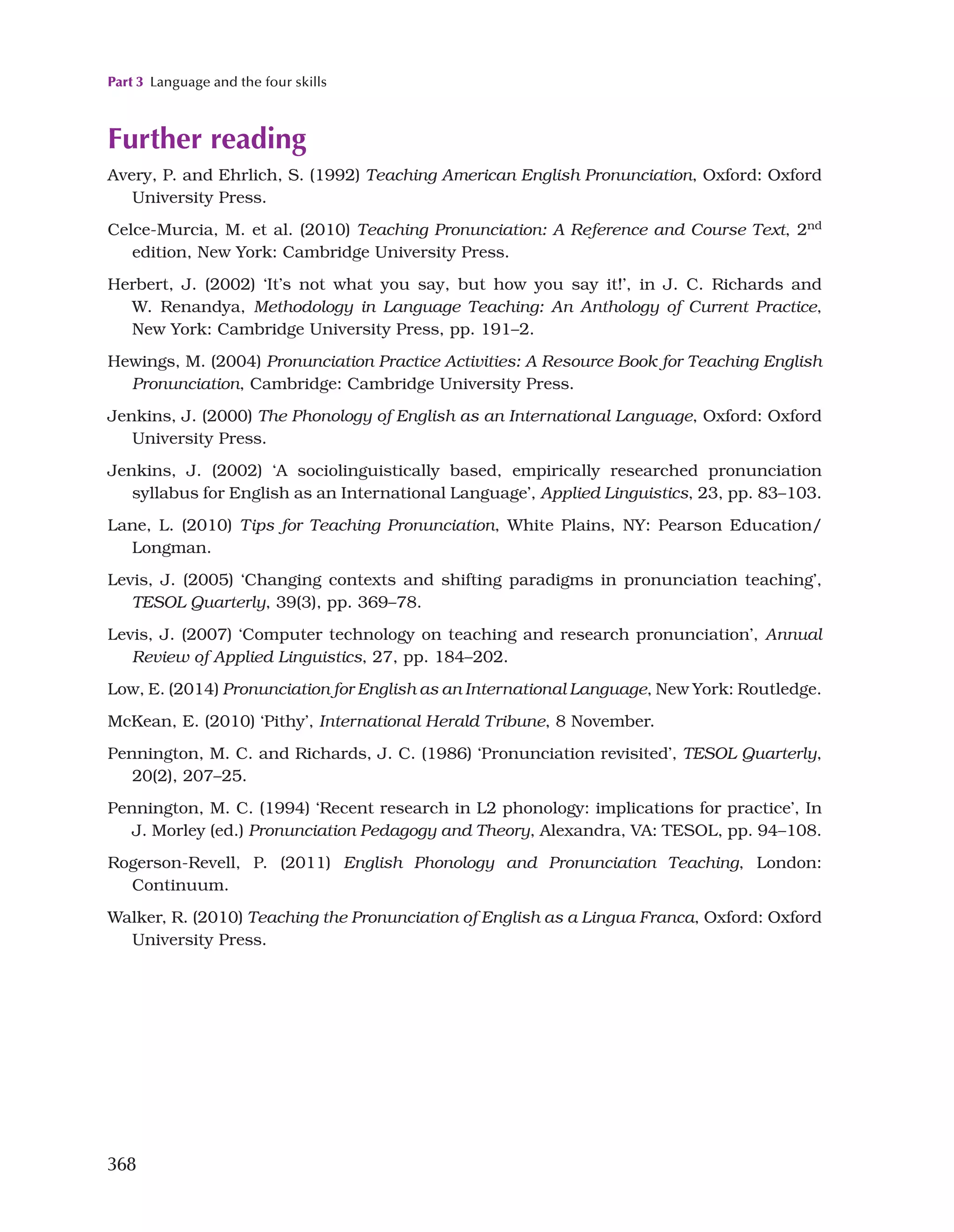 Part 3 Language and the four skills
368
Further reading
Avery, P. and Ehrlich, S. (1992) Teaching American English Pronunciation, Oxford: Oxford
University Press.
Celce-Murcia, M. et al. (2010) Teaching Pronunciation: A Reference and Course Text, 2nd
edition, New York: Cambridge University Press.
Herbert, J. (2002) ‘It’s not what you say, but how you say it!’, in J. C. Richards and
W. Renandya, Methodology in Language Teaching: An Anthology of Current Practice,
New York: Cambridge University Press, pp. 191–2.
Hewings, M. (2004) Pronunciation Practice Activities: A Resource Book for Teaching English
Pronunciation, Cambridge: Cambridge University Press.
Jenkins, J. (2000) The Phonology of English as an International Language, Oxford: Oxford
University Press.
Jenkins, J. (2002) ‘A sociolinguistically based, empirically researched pronunciation
syllabus for English as an International Language’, Applied Linguistics, 23, pp. 83–103.
Lane, L. (2010) Tips for Teaching Pronunciation, White Plains, NY: Pearson Education/
Longman.
Levis, J. (2005) ‘Changing contexts and shifting paradigms in pronunciation teaching’,
TESOL Quarterly, 39(3), pp. 369–78.
Levis, J. (2007) ‘Computer technology on teaching and research pronunciation’, Annual
Review of Applied Linguistics, 27, pp. 184–202.
Low, E. (2014) Pronunciation for English as an International Language, New York: Routledge.
McKean, E. (2010) ‘Pithy’, International Herald Tribune, 8 November.
Pennington, M. C. and Richards, J. C. (1986) ‘Pronunciation revisited’, TESOL Quarterly,
20(2), 207–25.
Pennington, M. C. (1994) ‘Recent research in L2 phonology: implications for practice’, In
J. Morley (ed.) Pronunciation Pedagogy and Theory, Alexandra, VA: TESOL, pp. 94–108.
Rogerson-Revell, P. (2011) English Phonology and Pronunciation Teaching, London:
Continuum.
Walker, R. (2010) Teaching the Pronunciation of English as a Lingua Franca, Oxford: Oxford
University Press.
 