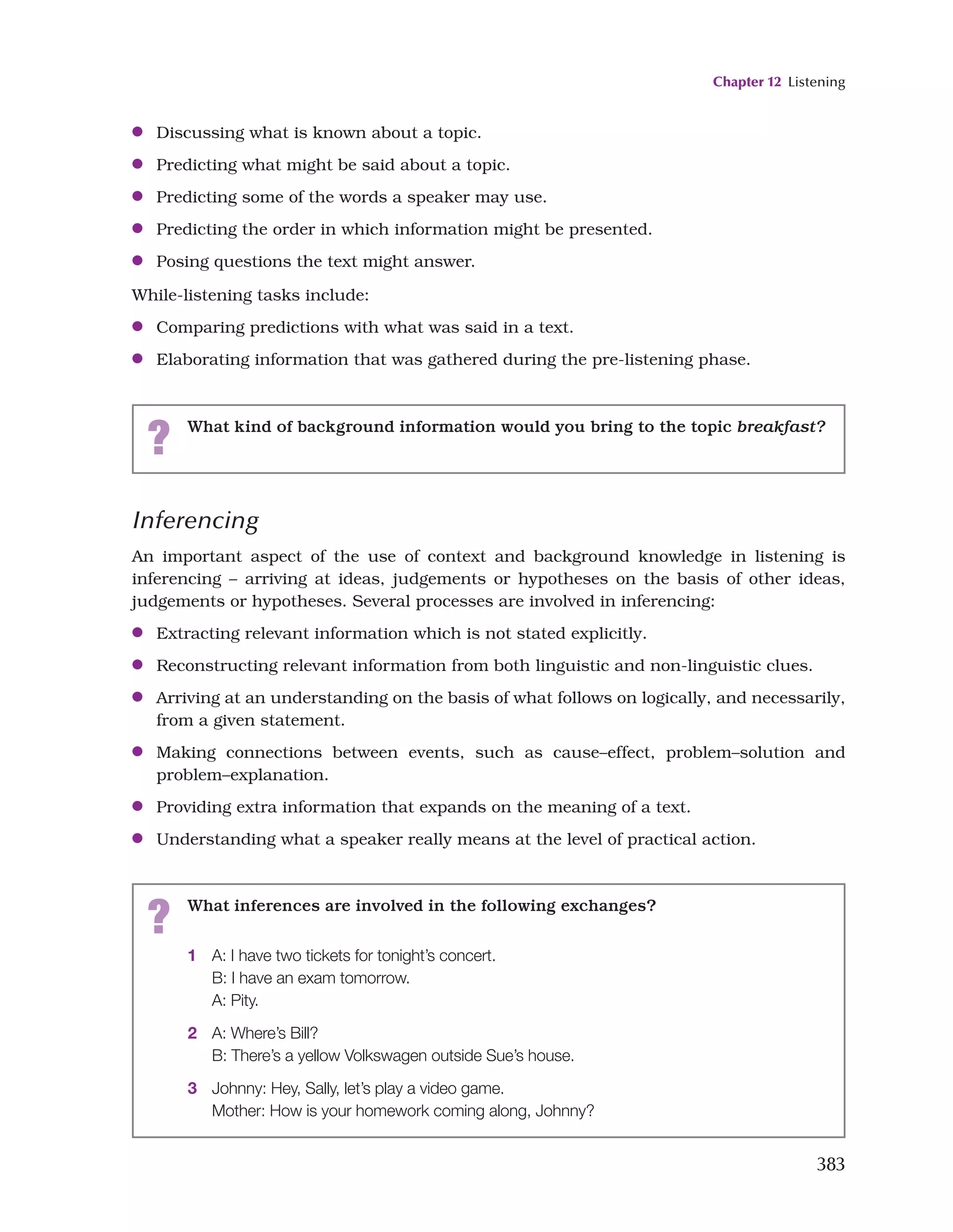 Chapter 12 Listening
383
●
● Discussing what is known about a topic.
●
● Predicting what might be said about a topic.
●
● Predicting some of the words a speaker may use.
●
● Predicting the order in which information might be presented.
●
● Posing questions the text might answer.
While-listening tasks include:
●
● Comparing predictions with what was said in a text.
●
● Elaborating information that was gathered during the pre-listening phase.
? What kind of background information would you bring to the topic breakfast?
Inferencing
An important aspect of the use of context and background knowledge in listening is
inferencing – arriving at ideas, judgements or hypotheses on the basis of other ideas,
judgements or hypotheses. Several processes are involved in inferencing:
●
● Extracting relevant information which is not stated explicitly.
●
● Reconstructing relevant information from both linguistic and non-linguistic clues.
●
● Arriving at an understanding on the basis of what follows on logically, and necessarily,
from a given statement.
●
● Making connections between events, such as cause–effect, problem–solution and
problem–explanation.
●
● Providing extra information that expands on the meaning of a text.
●
● Understanding what a speaker really means at the level of practical action.
? What inferences are involved in the following exchanges?
1 A: I have two tickets for tonight’s concert.
B: I have an exam tomorrow.
A: Pity.
2 A: Where’s Bill?
B: There’s a yellow Volkswagen outside Sue’s house.
3 Johnny: Hey, Sally, let’s play a video game.
Mother: How is your homework coming along, Johnny?
 