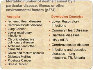 Mortality: number of deaths caused by a
particular disease, illness or other
environmental factors (p274)
Australia Developing Countries
 Ischemic Heart diseases
 Cerebrovascular disease
 Lung Cancer
 Lower respiratory
infections
 Chronic obstructive
pulmonary disease
 Alzheimer and other
dementias
 Colon and rectum cancers
 Diabetes Mellitus
 Prostrate Cancer
 Breast Cancer
 Lower Respiratory
Infections
 Coronary Heart Disease
 Diarrheal diseases
 HIV / AIDS
 Cerebrovascular disease
 Infections and parasitic
diseases – lung
infections, TB, Malaria
 