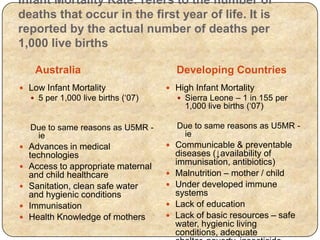 Infant Mortality Rate: refers to the number of
deaths that occur in the first year of life. It is
reported by the actual number of deaths per
1,000 live births
Australia Developing Countries
 Low Infant Mortality
 5 per 1,000 live births (‘07)
Due to same reasons as U5MR -
ie
 Advances in medical
technologies
 Access to appropriate maternal
and child healthcare
 Sanitation, clean safe water
and hygienic conditions
 Immunisation
 Health Knowledge of mothers
 High Infant Mortality
 Sierra Leone – 1 in 155 per
1,000 live births (‘07)
Due to same reasons as U5MR -
ie
 Communicable & preventable
diseases (↓availability of
immunisation, antibiotics)
 Malnutrition – mother / child
 Under developed immune
systems
 Lack of education
 Lack of basic resources – safe
water, hygienic living
conditions, adequate
 
