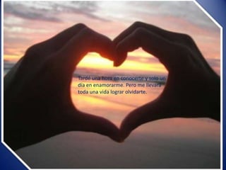 Tardé una hora en conocerte y solo un
día en enamorarme. Pero me llevará
toda una vida lograr olvidarte.
 