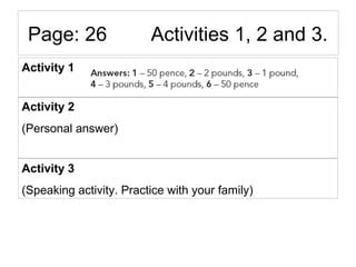 Page: 26 Activities 1, 2 and 3.
Activity 1
Activity 2
(Personal answer)
Activity 3
(Speaking activity. Practice with your family)
 