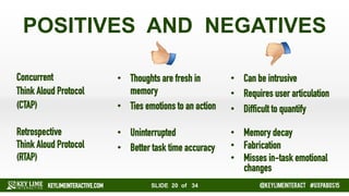 SLIDE 20 of 34 #KLIevents @KEYLIMEINTERACT
POSITIVES AND NEGATIVES
Concurrent
Think Aloud
Protocol
(CTAP)
•  Thoughts are ...